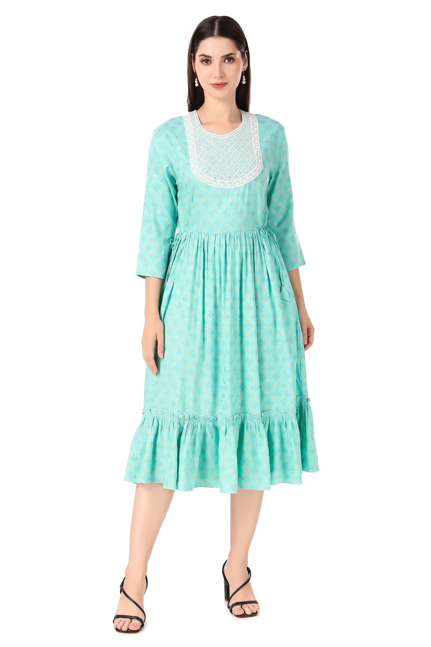BoheeWohee Women A-Line Viscose Rayon Ethnic Midi Kurti Dress with Side Ties- Pale Turquoise