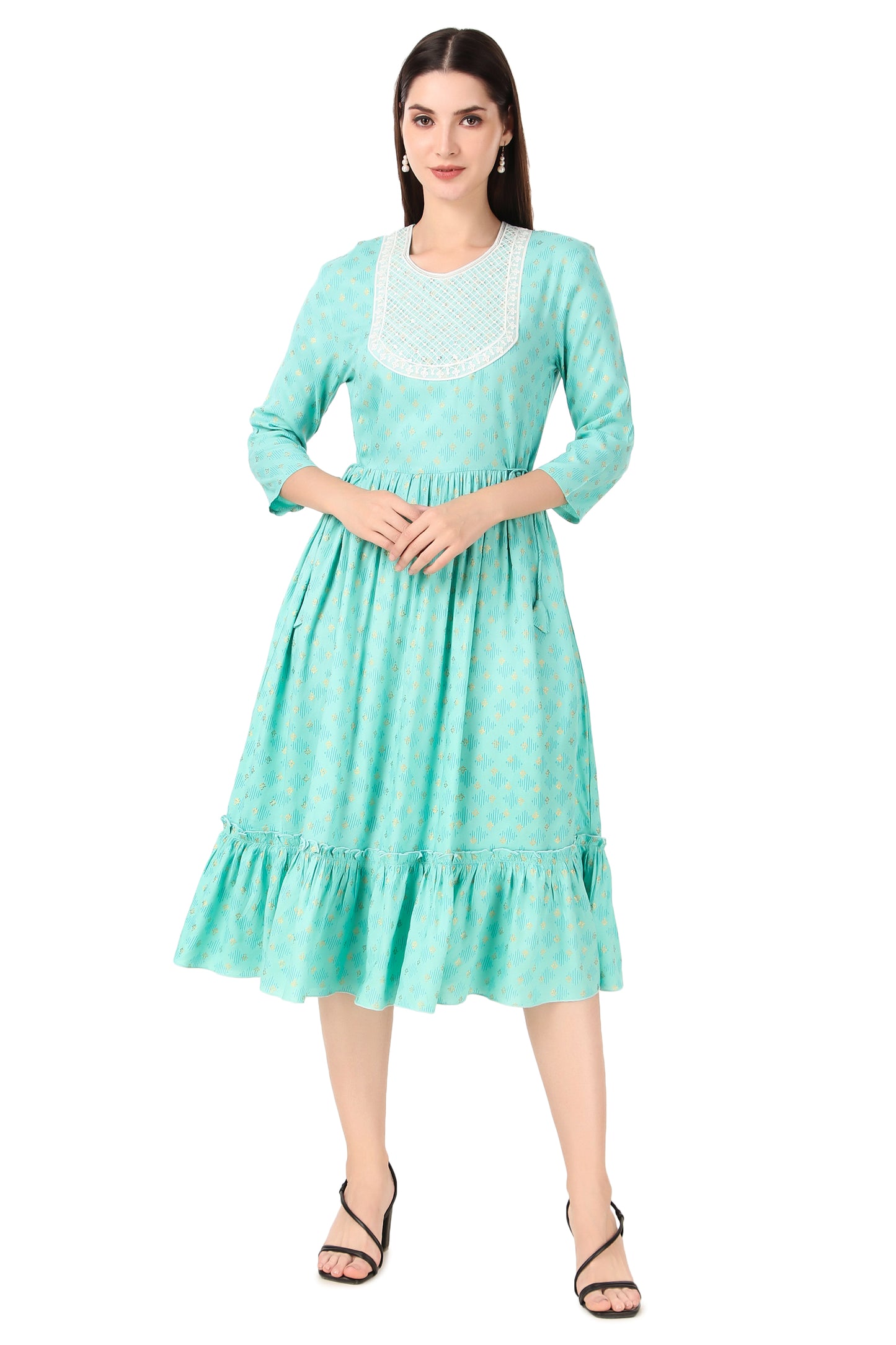 BoheeWohee Women A-Line Viscose Rayon Ethnic Midi Kurti Dress with Side Ties- Pale Turquoise