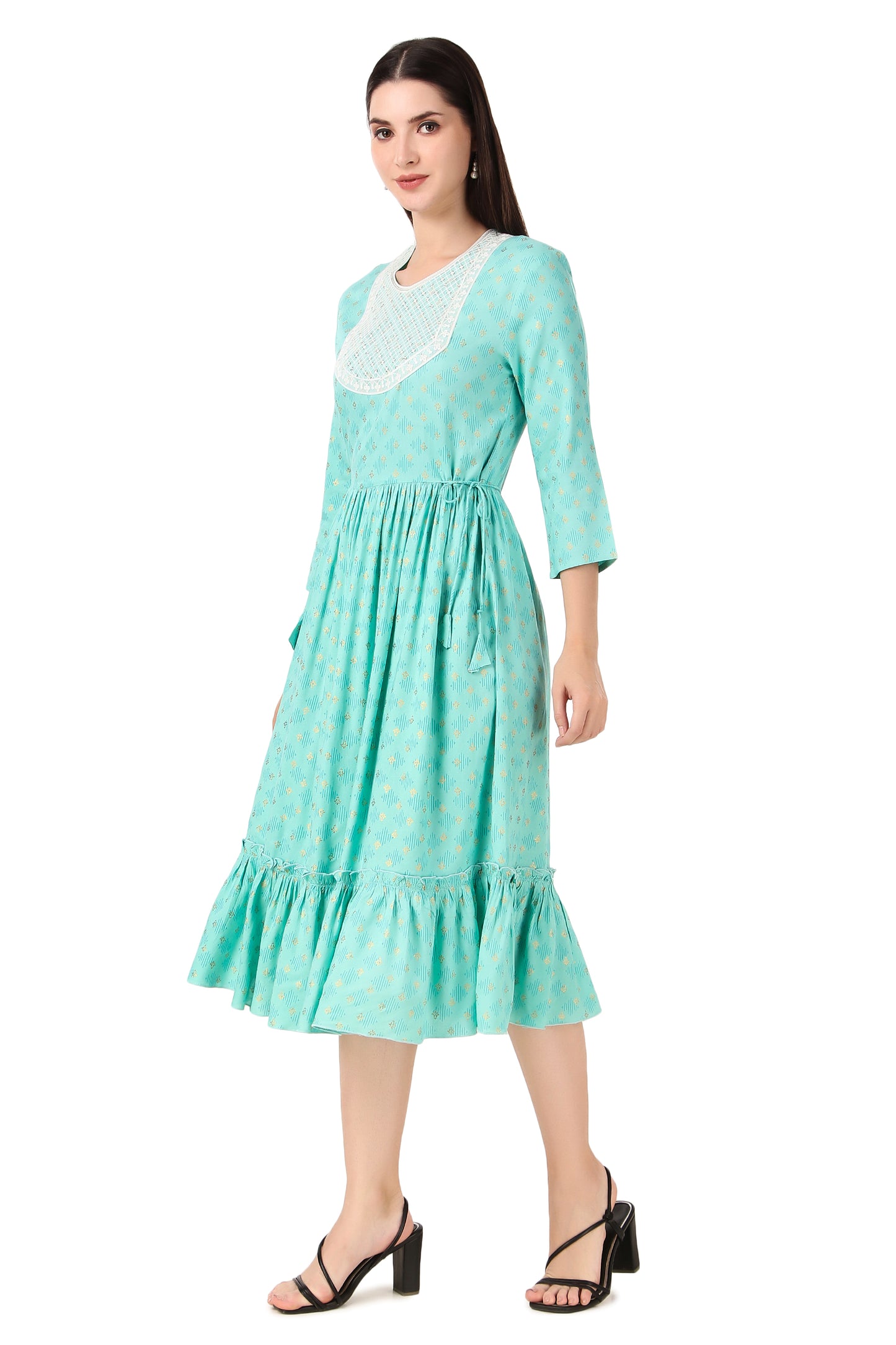 BoheeWohee Women A-Line Viscose Rayon Ethnic Midi Kurti Dress with Side Ties- Pale Turquoise