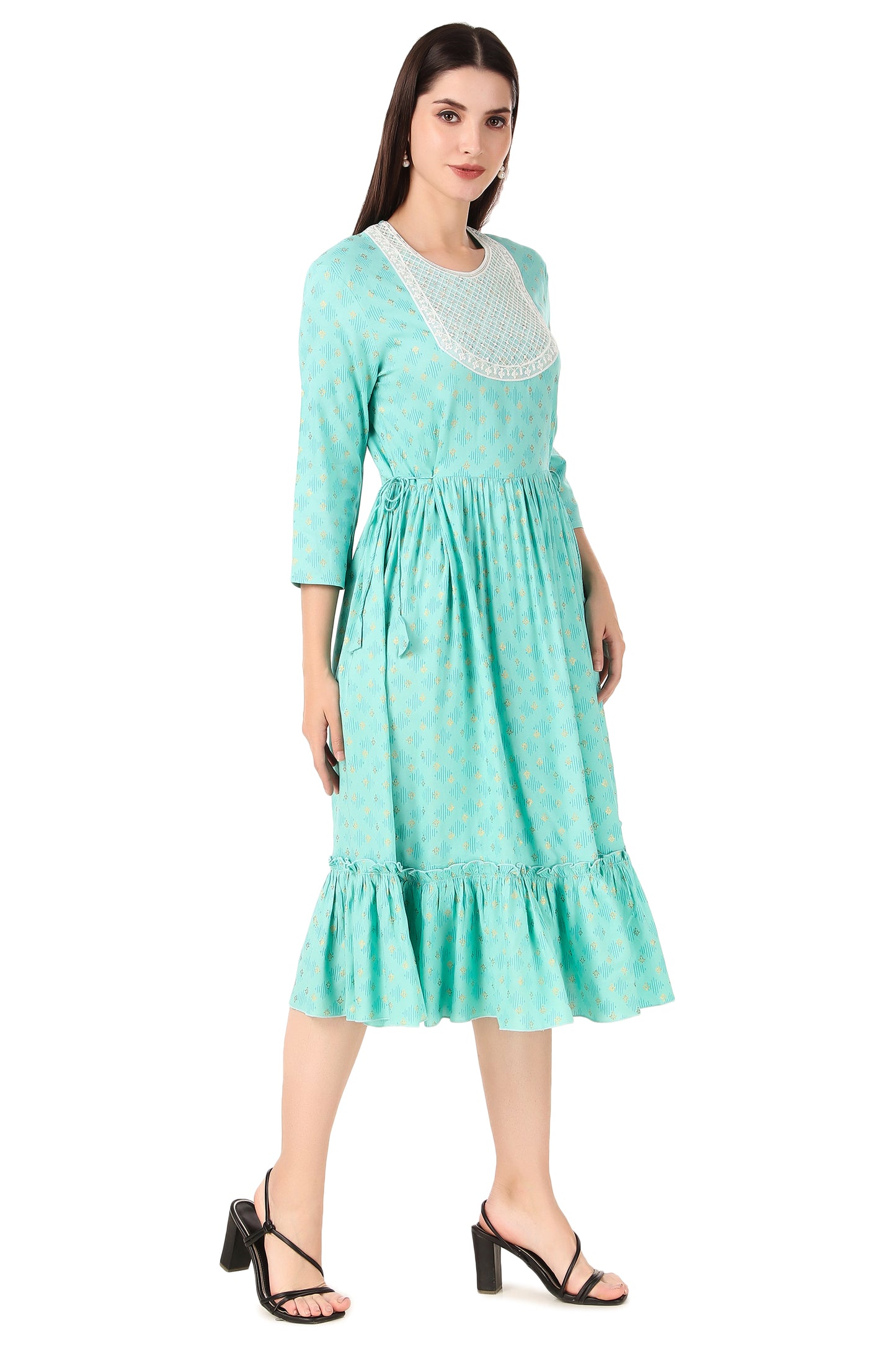 BoheeWohee Women A-Line Viscose Rayon Ethnic Midi Kurti Dress with Side Ties- Pale Turquoise