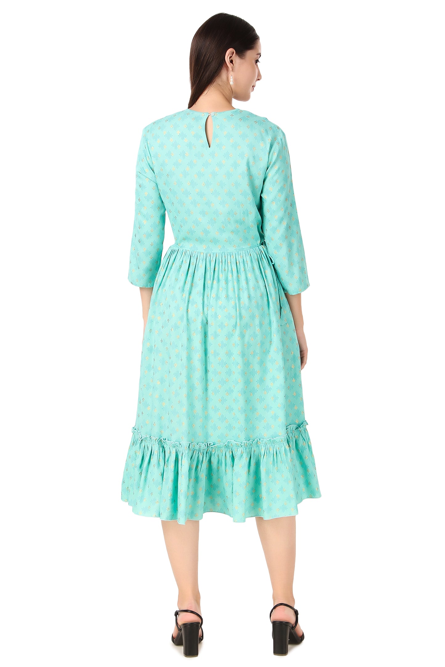 BoheeWohee Women A-Line Viscose Rayon Ethnic Midi Kurti Dress with Side Ties- Pale Turquoise