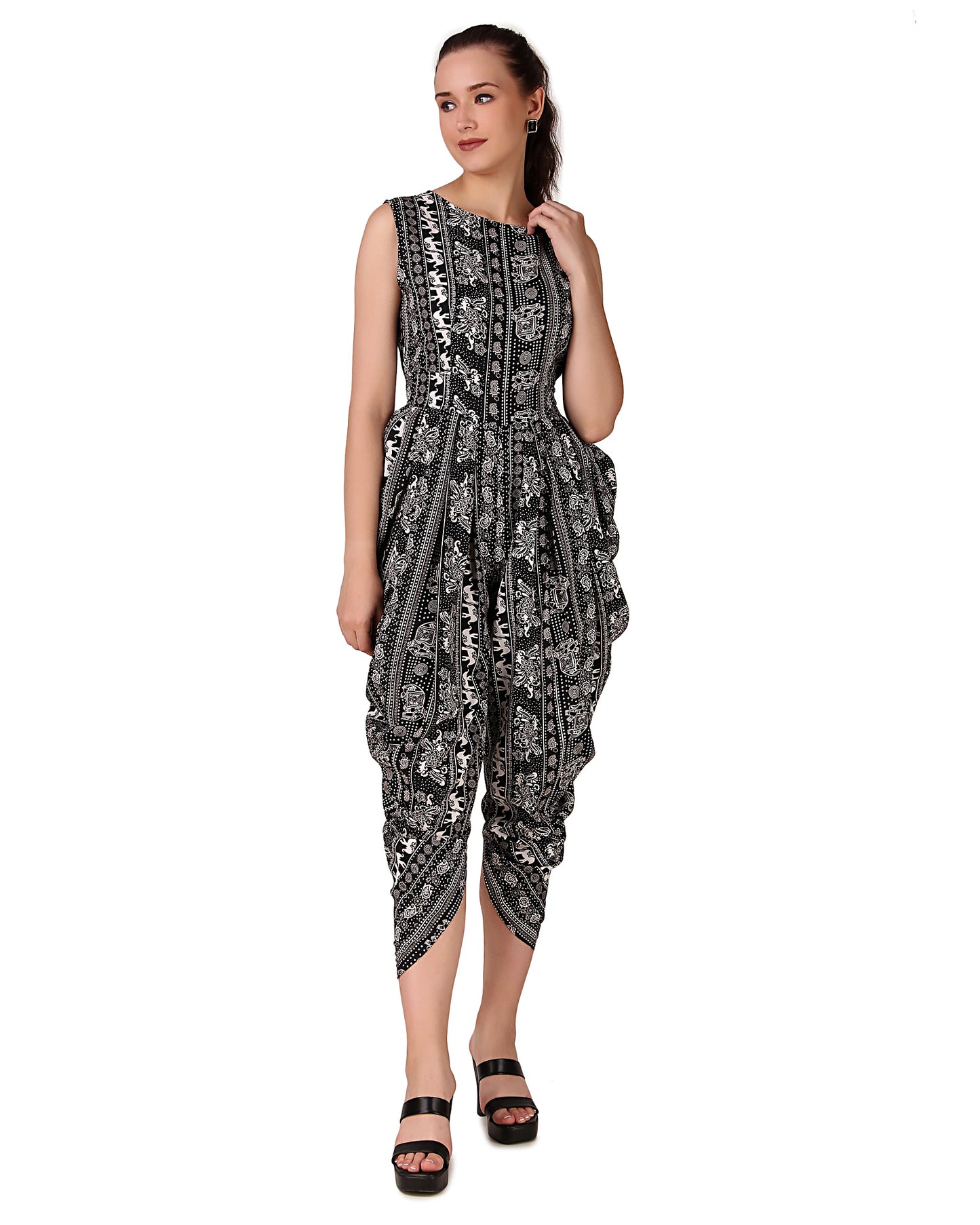 BoheeWohee Women's Maxi Jumpsuit - Dhoti Style- Black Elephant