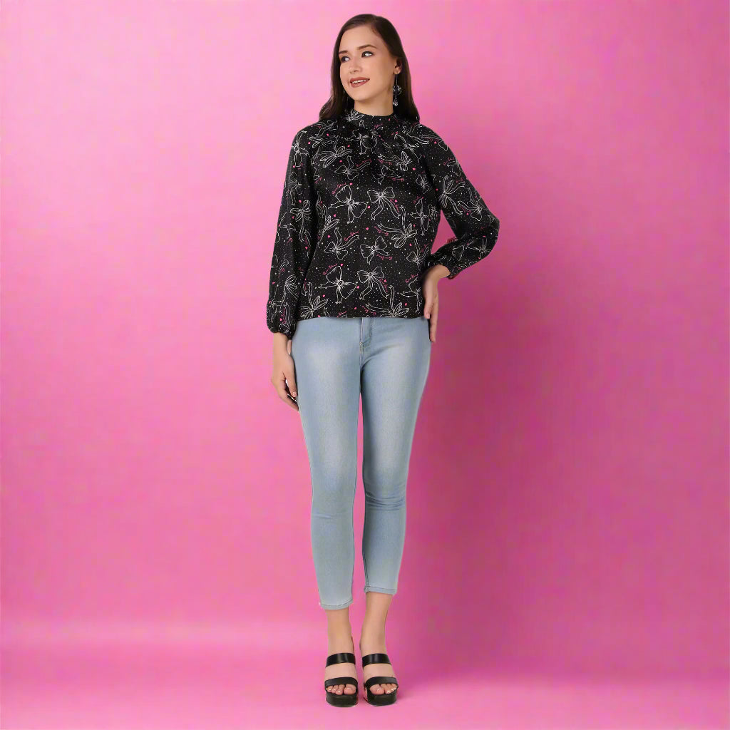 black printed satin top for women