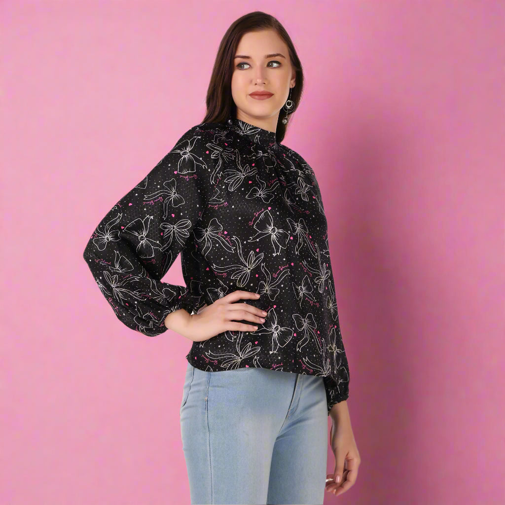 black printed satin top for women