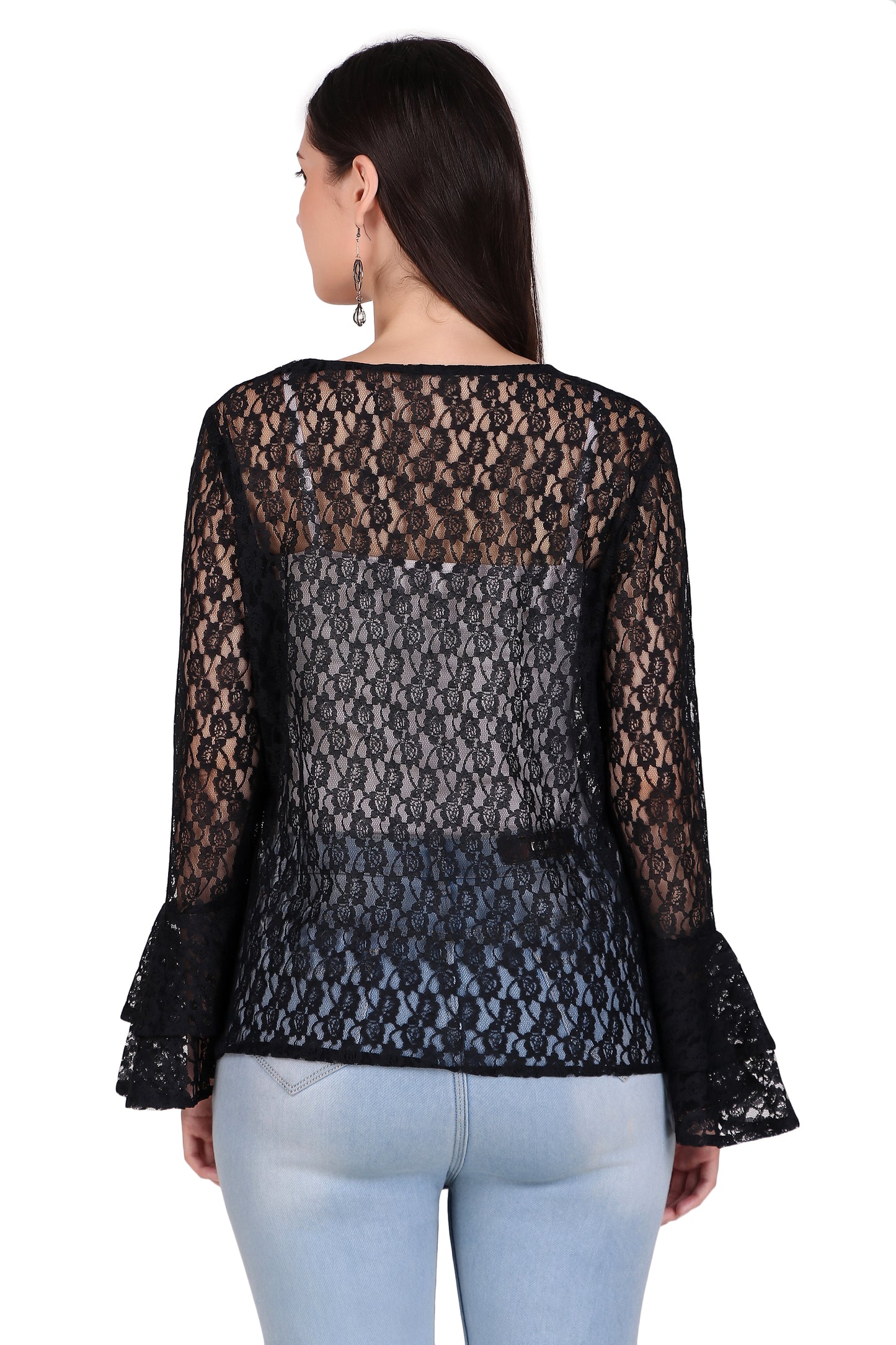 BoheeWohee Women's Floral Self Design Lace Shrug with Double Bell Sleeves- Black