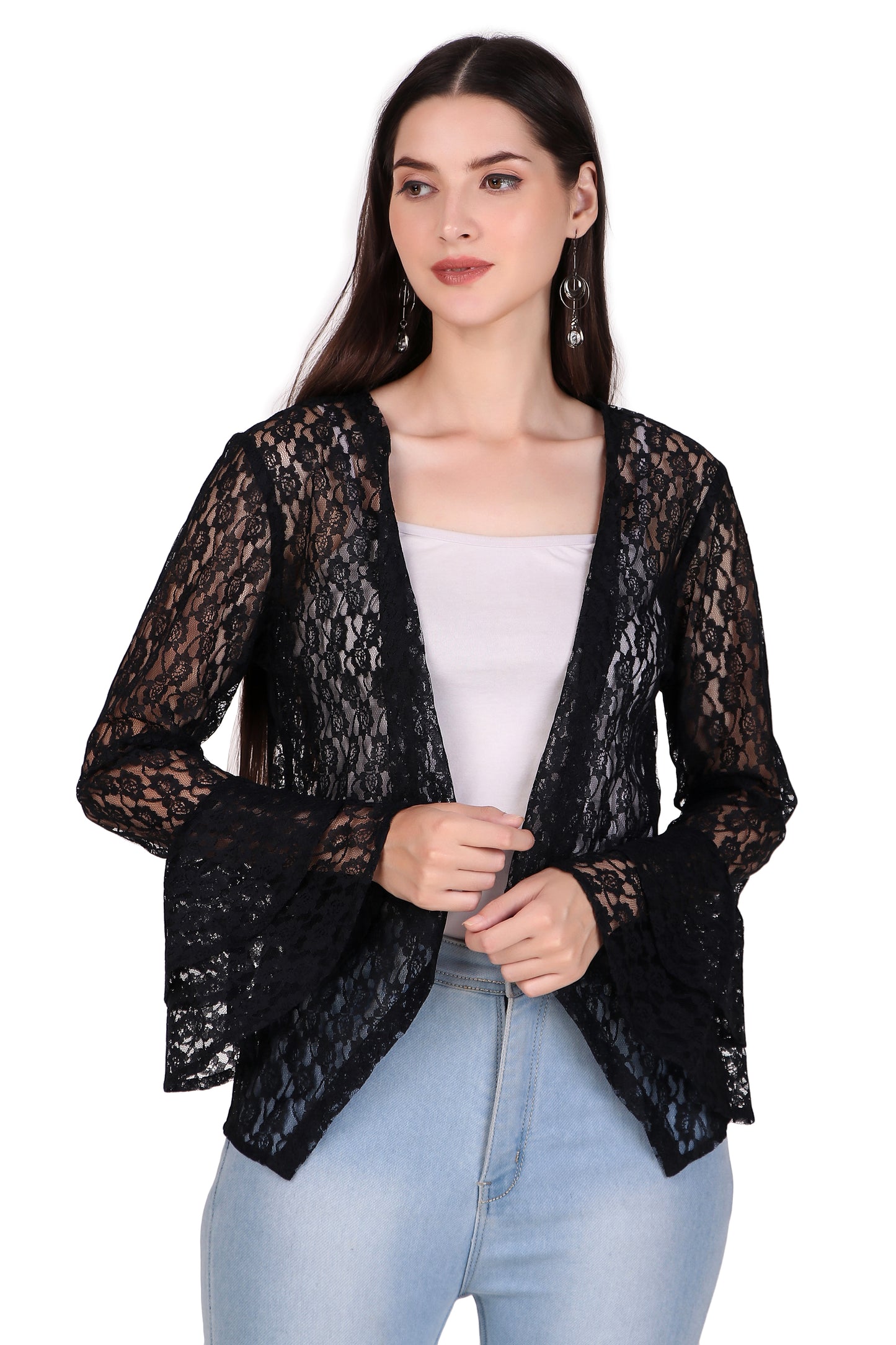 BoheeWohee Women's Floral Self Design Lace Shrug with Double Bell Sleeves- Black