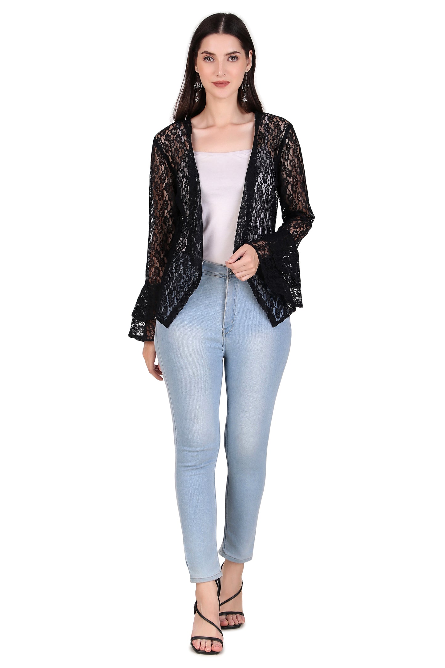 BoheeWohee Women's Floral Self Design Lace Shrug with Double Bell Sleeves- Black