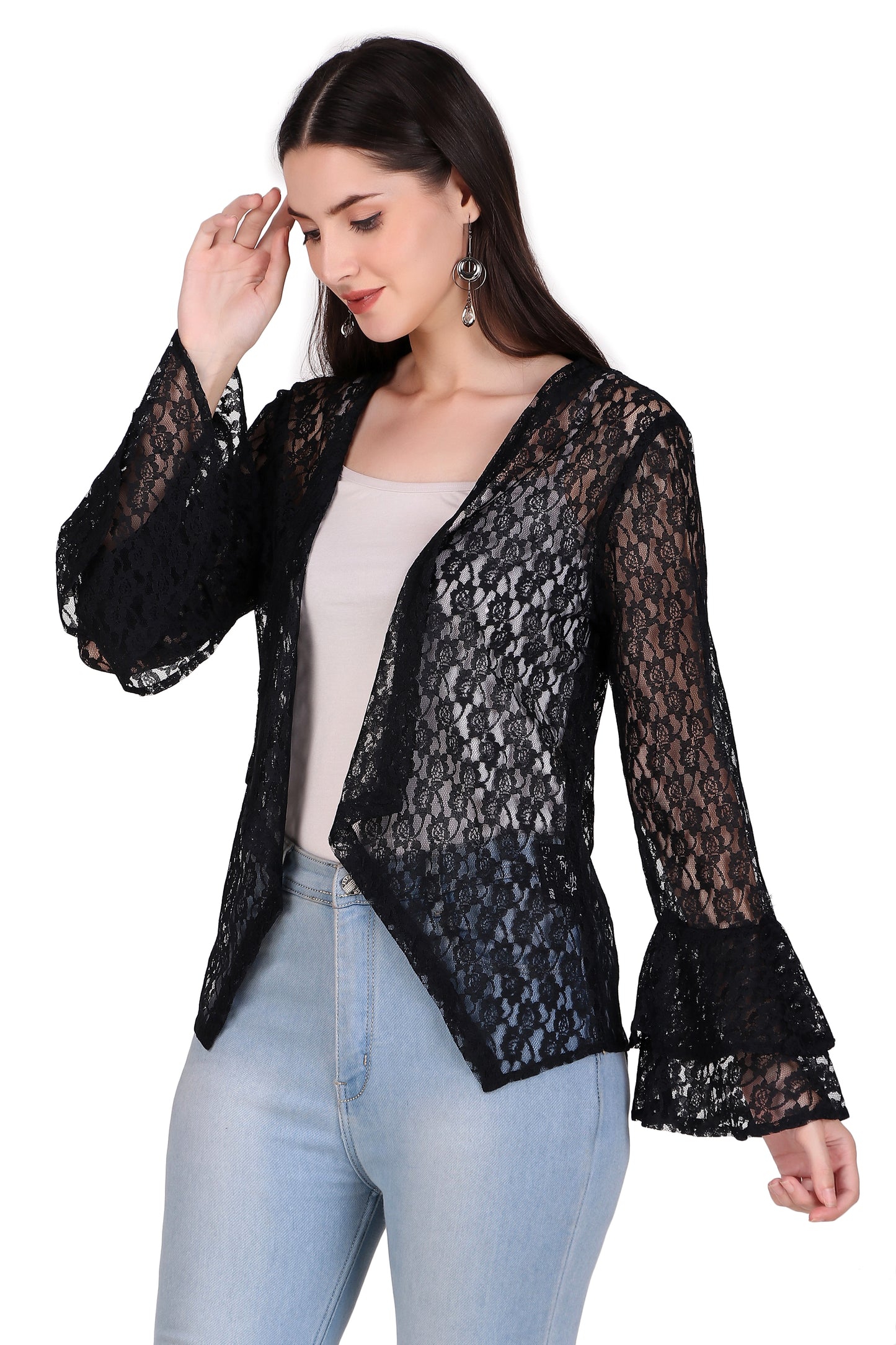 BoheeWohee Women's Floral Self Design Lace Shrug with Double Bell Sleeves- Black