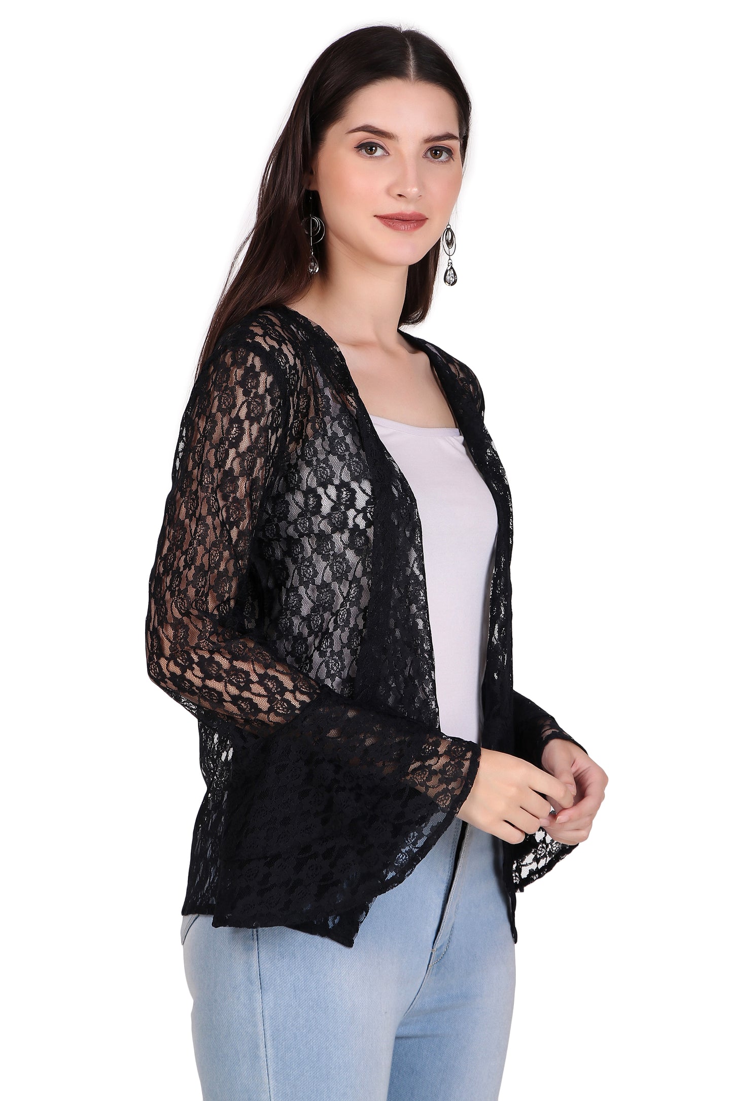 BoheeWohee Women's Floral Self Design Lace Shrug with Double Bell Sleeves- Black