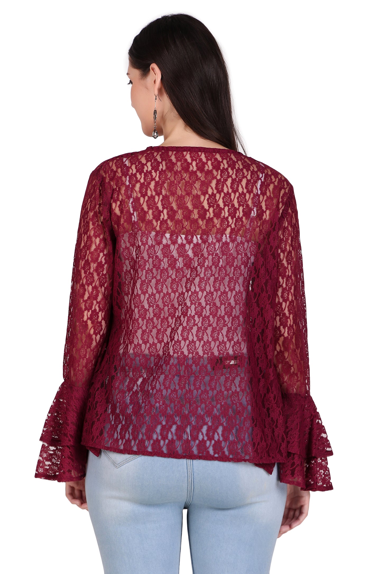 BoheeWohee Women's Floral Self Design Lace Shrug with Double Bell Sleeves- Aubergine