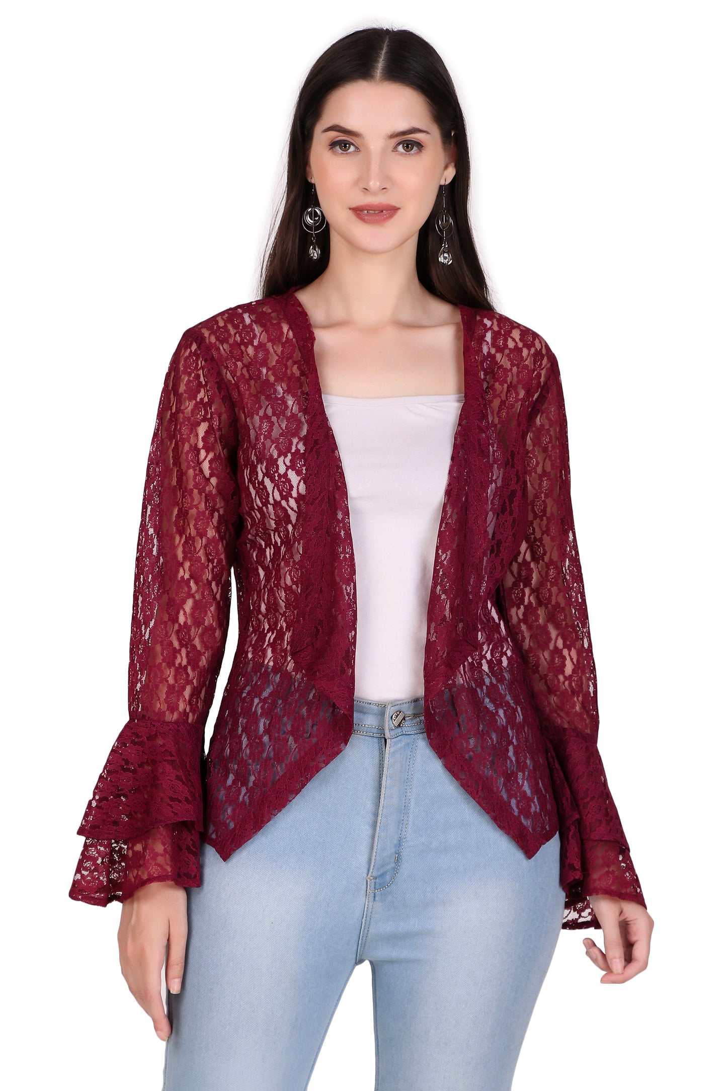 BoheeWohee Women's Floral Self Design Lace Shrug with Double Bell Sleeves- Aubergine