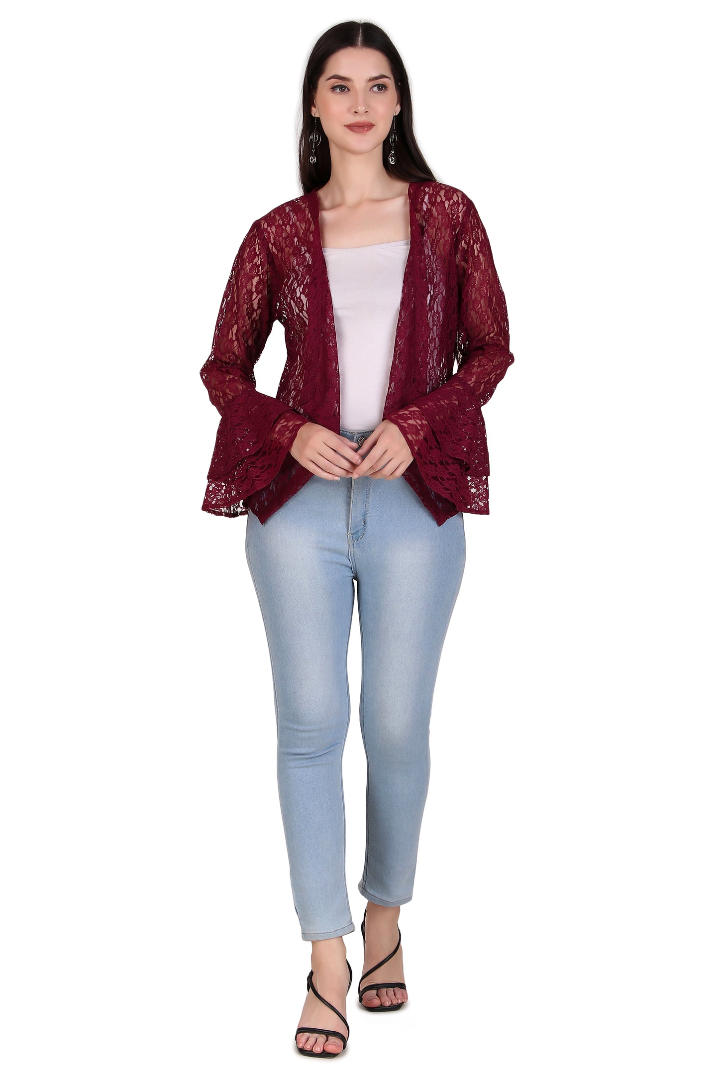 BoheeWohee Women's Floral Self Design Lace Shrug with Double Bell Sleeves- Aubergine