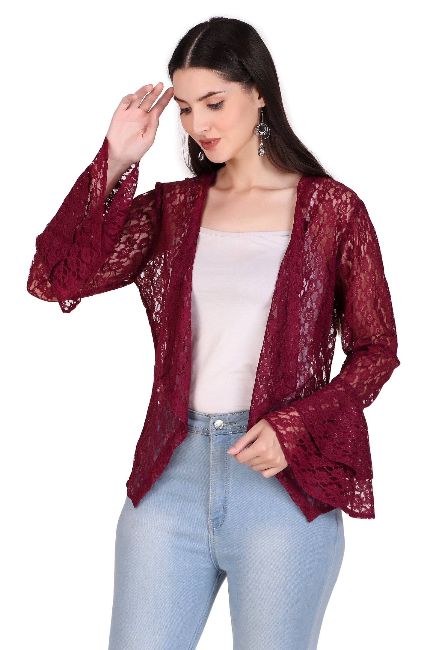 BoheeWohee Women's Floral Self Design Lace Shrug with Double Bell Sleeves- Aubergine