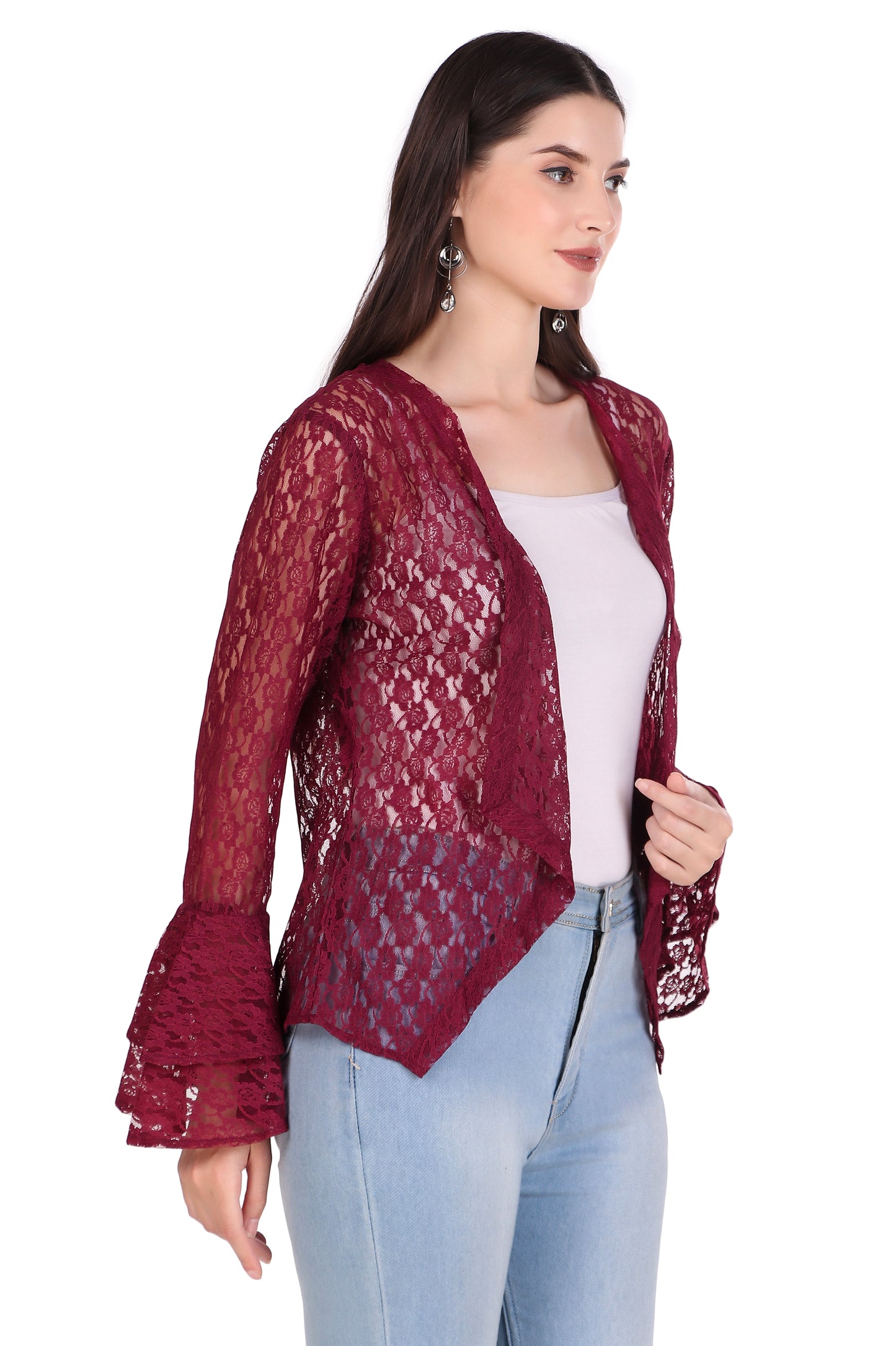BoheeWohee Women's Floral Self Design Lace Shrug with Double Bell Sleeves- Aubergine