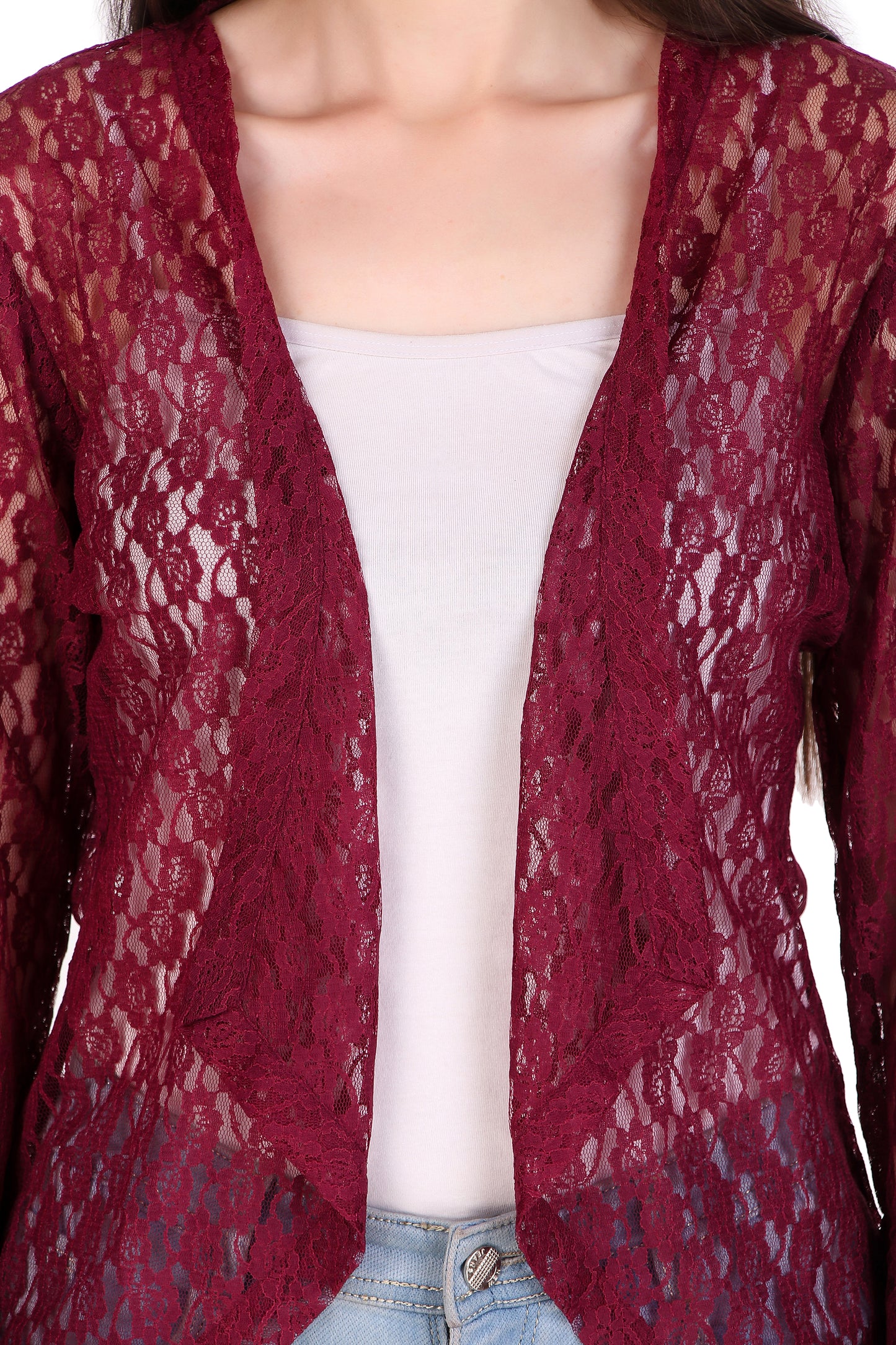 BoheeWohee Women's Floral Self Design Lace Shrug with Double Bell Sleeves- Aubergine