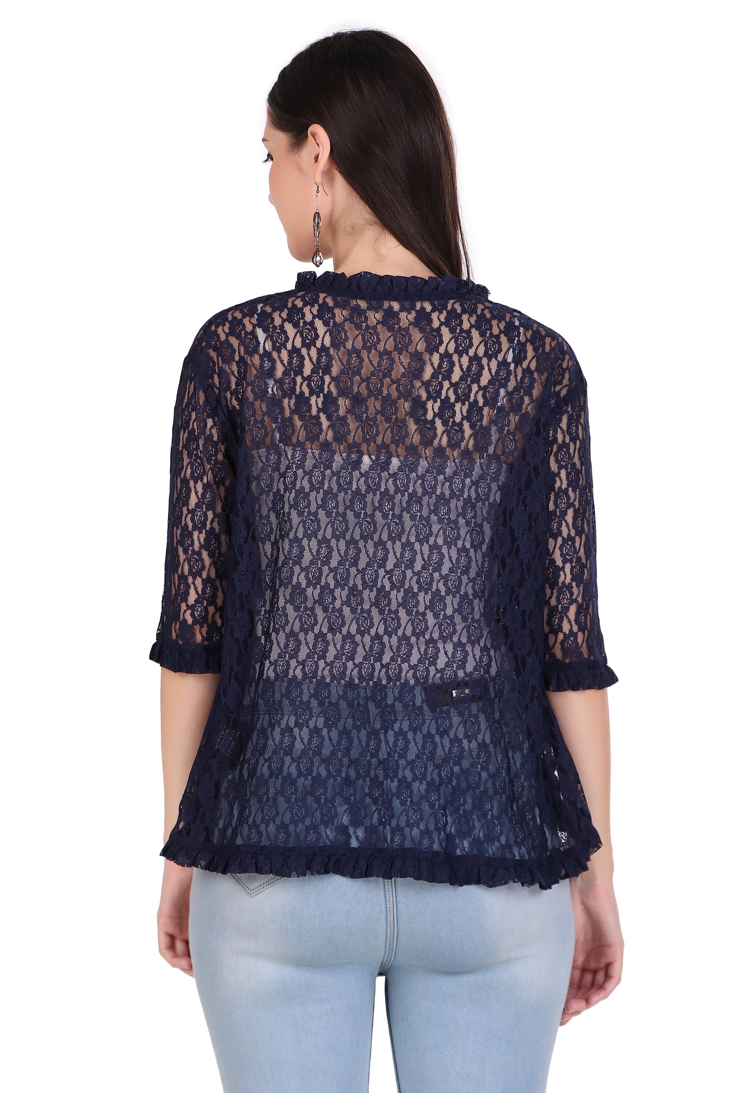 BoheeWohee Women's Floral Lace Shrug with Frill Accents - Navy