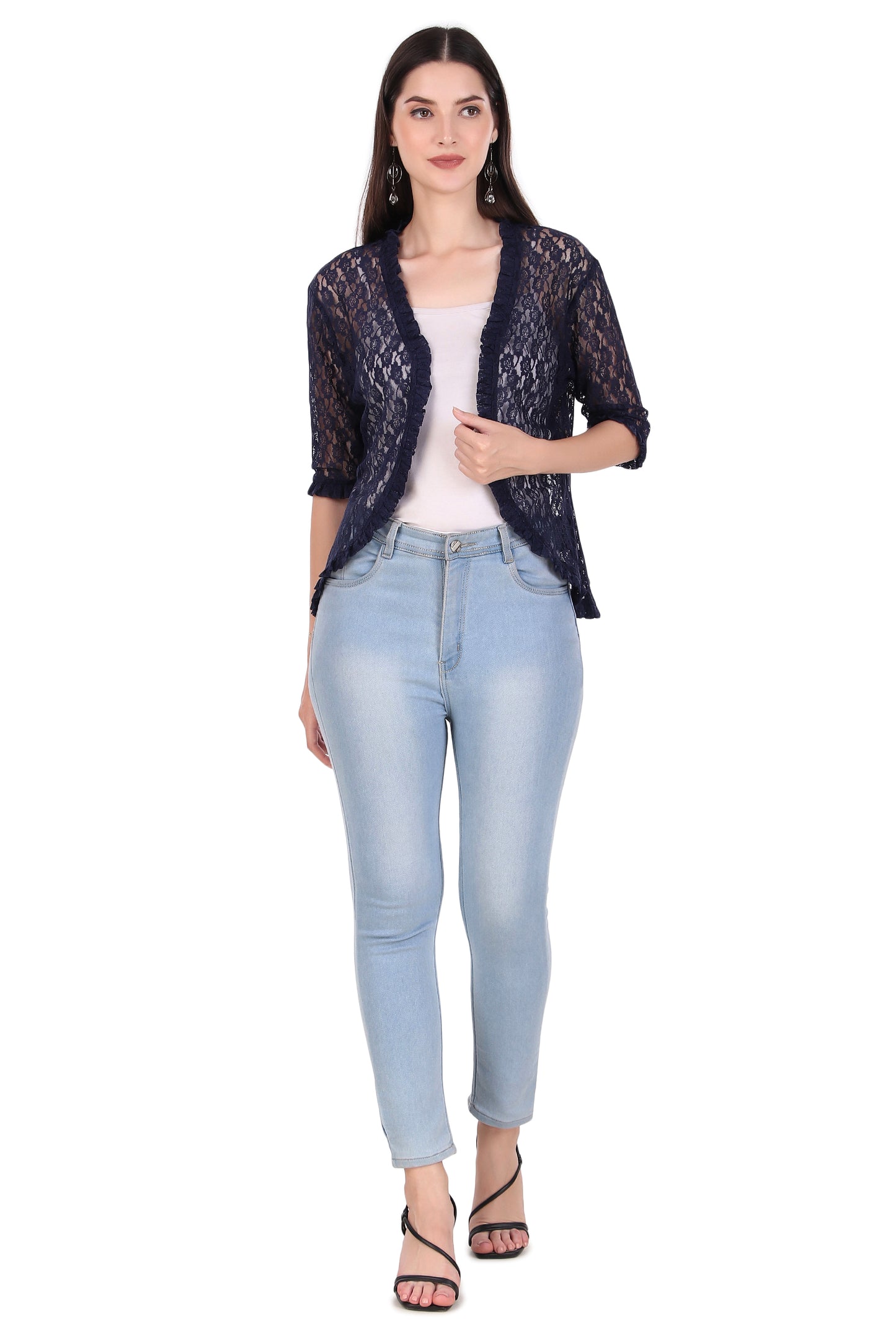 BoheeWohee Women's Floral Lace Shrug with Frill Accents - Navy