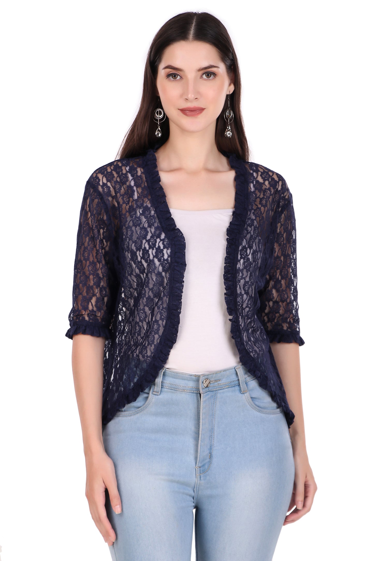 BoheeWohee Women's Floral Lace Shrug with Frill Accents - Navy
