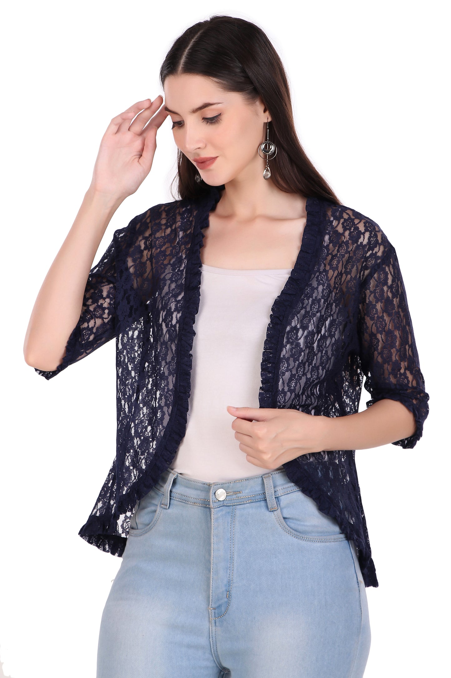 BoheeWohee Women's Floral Lace Shrug with Frill Accents - Navy