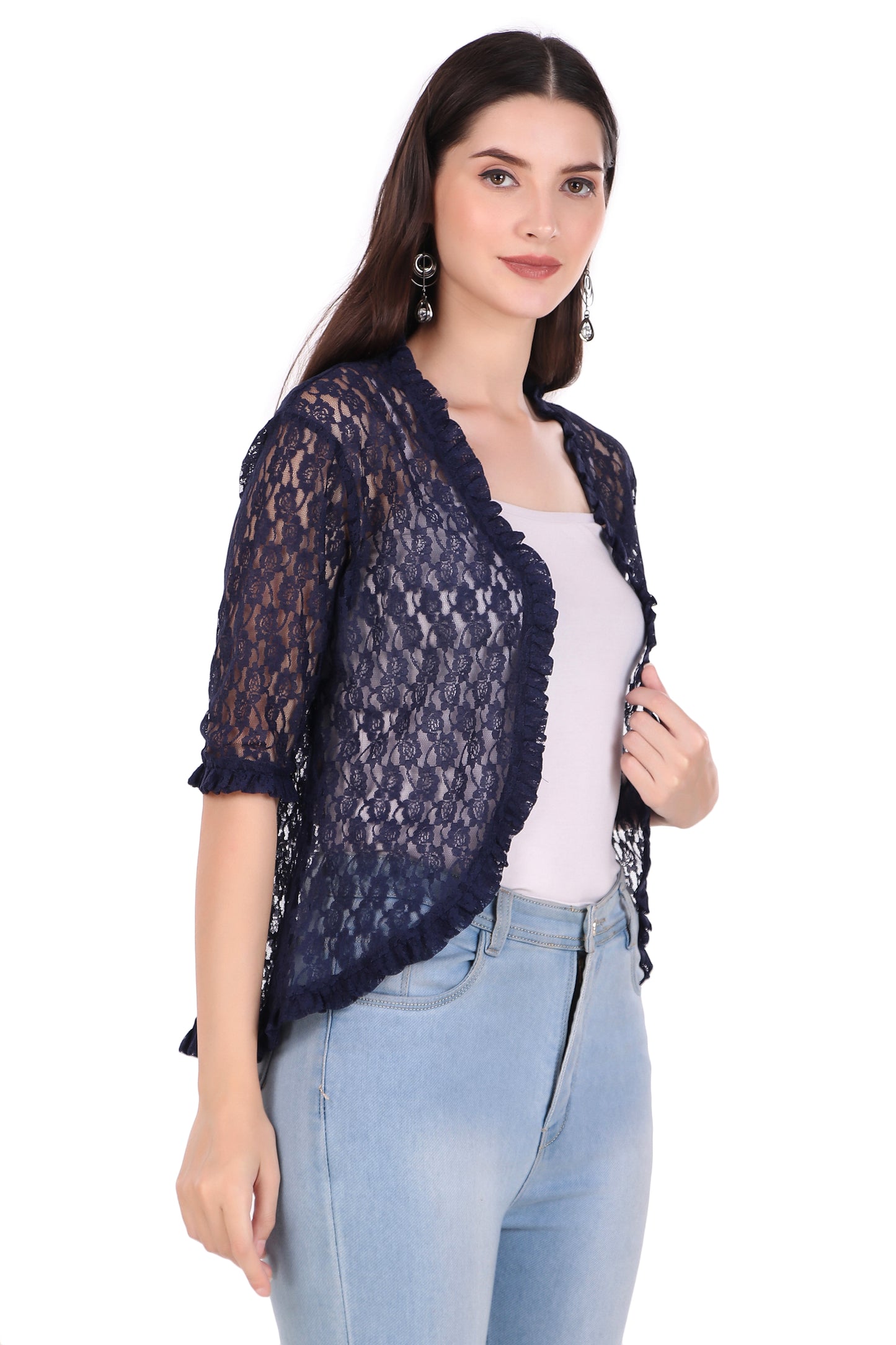 BoheeWohee Women's Floral Lace Shrug with Frill Accents - Navy