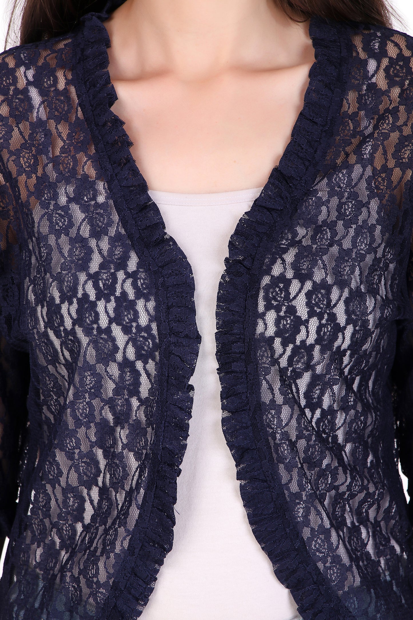 BoheeWohee Women's Floral Lace Shrug with Frill Accents - Navy