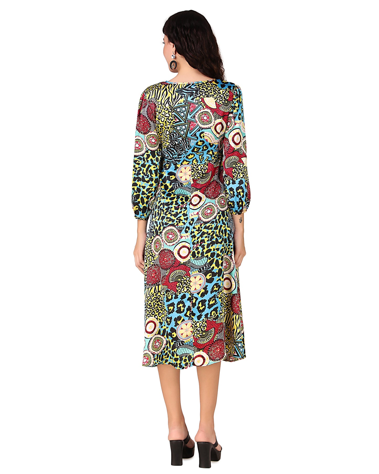 BoheeWohee Women's Satin Midi Dress - Yellow Leopard