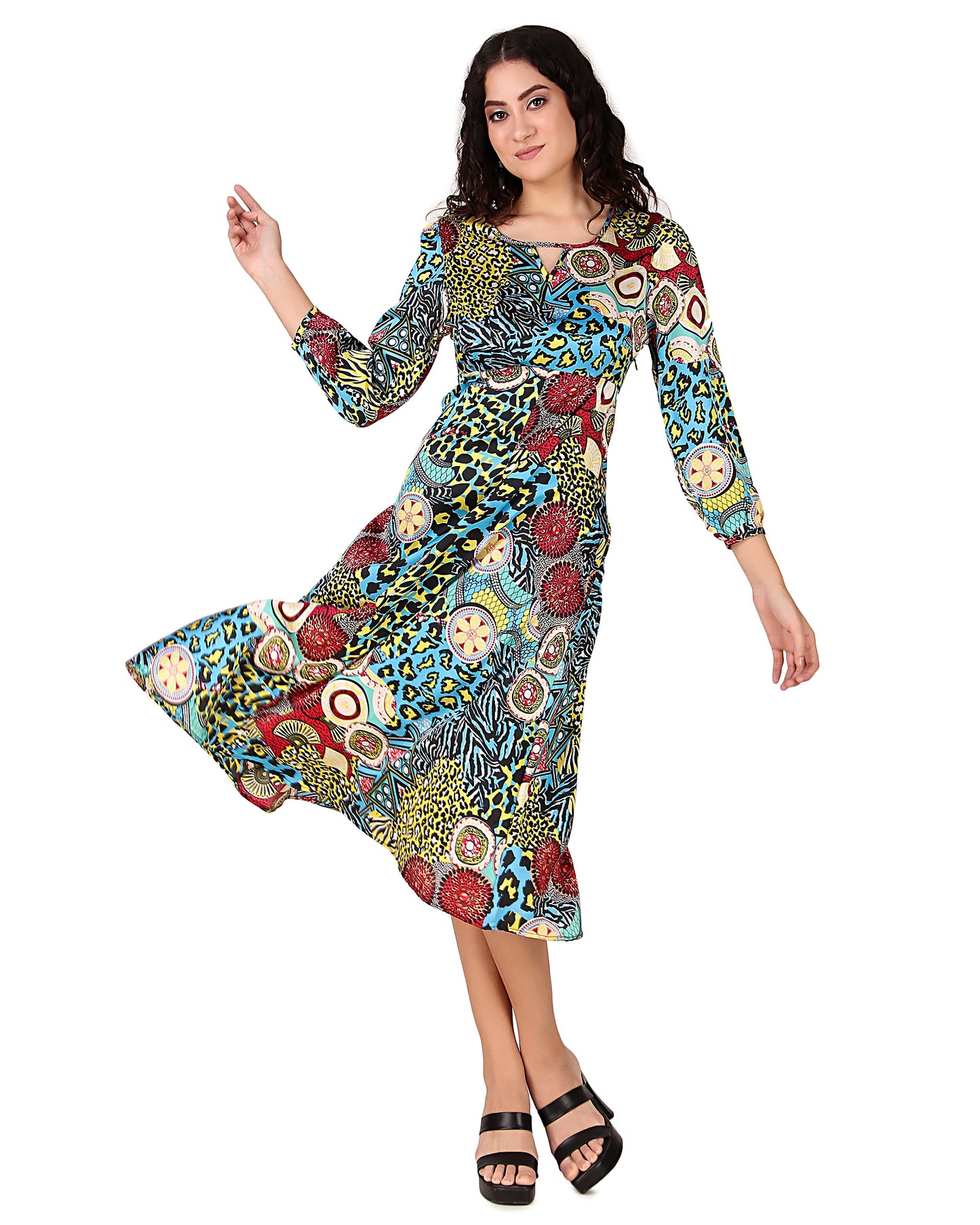 BoheeWohee Women's Satin Midi Dress - Yellow Leopard