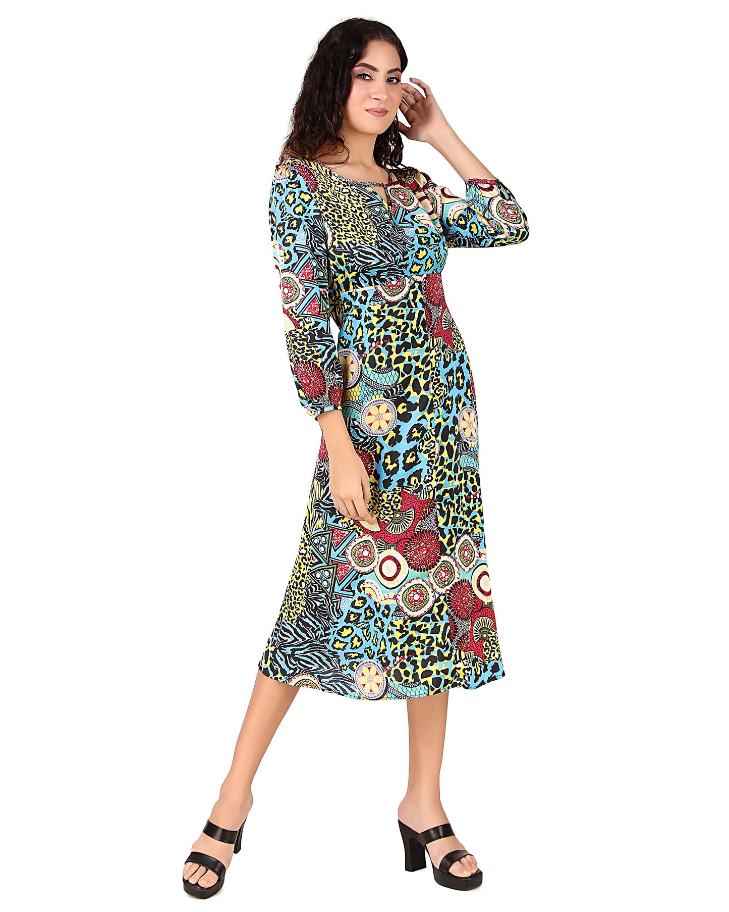 BoheeWohee Women's Satin Midi Dress - Yellow Leopard