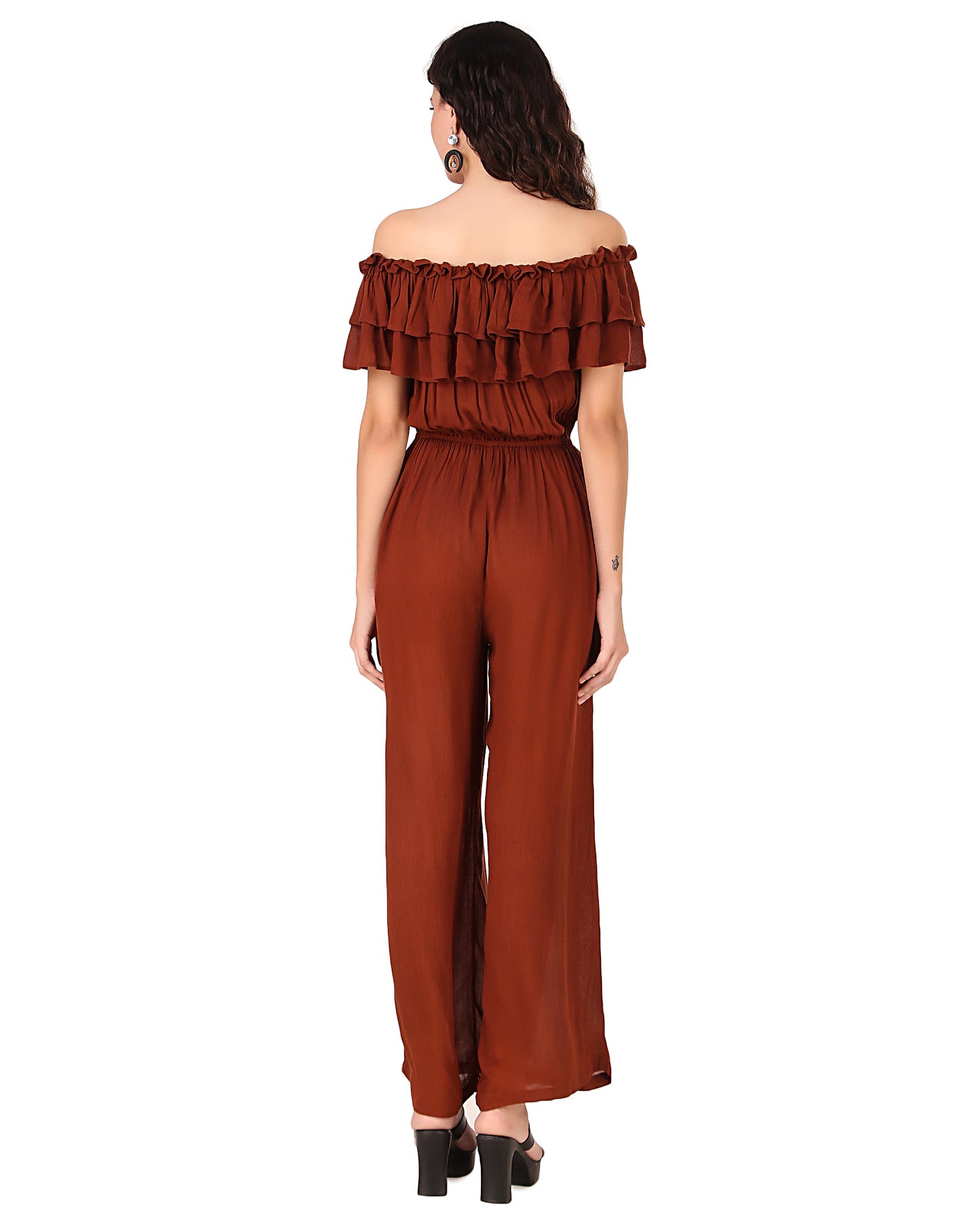 BoheeWohee Women's Off-Shoulder Jumpsuit with Double Frills and Pockets-Chocolate