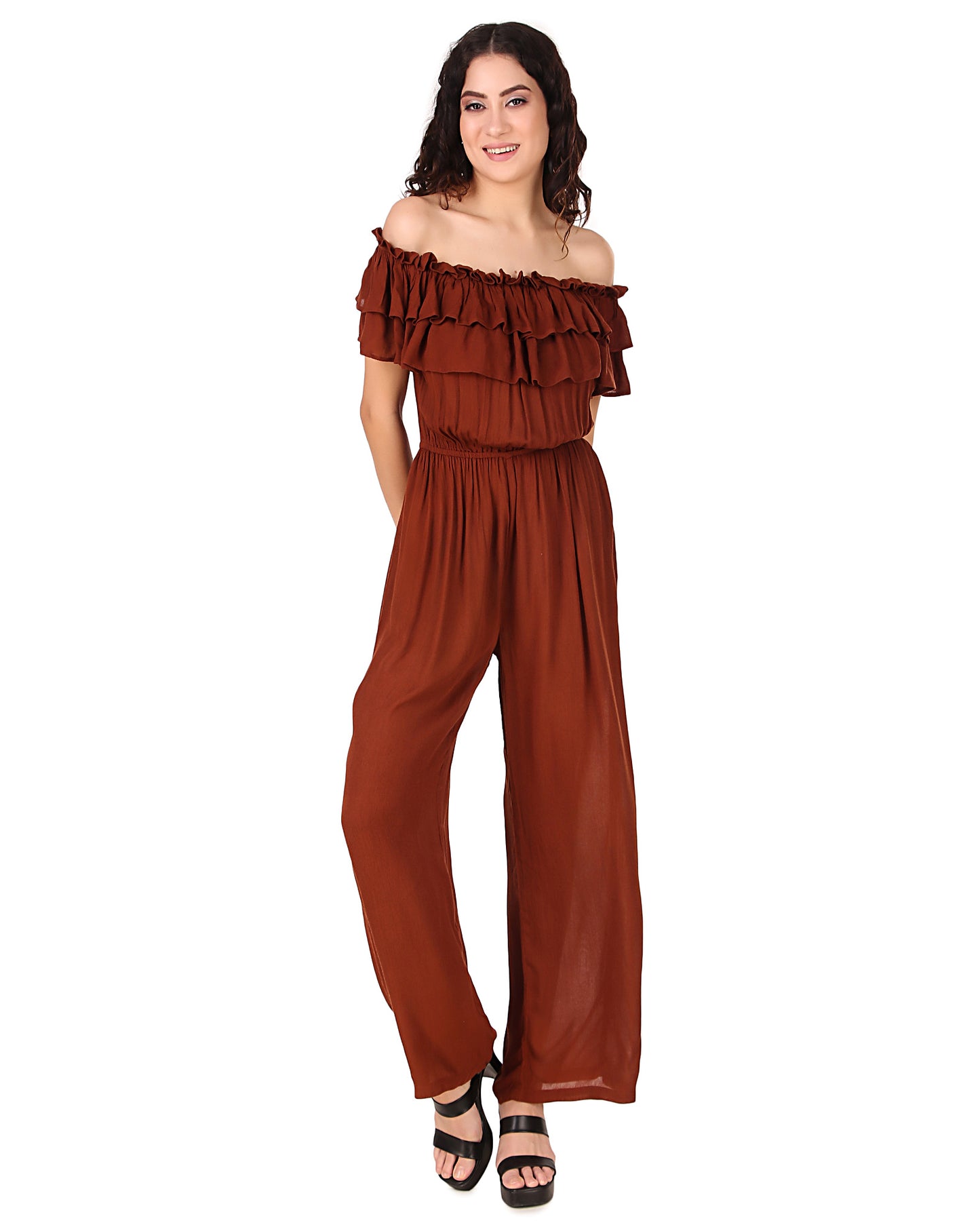 BoheeWohee Women's Off-Shoulder Jumpsuit with Double Frills and Pockets-Chocolate