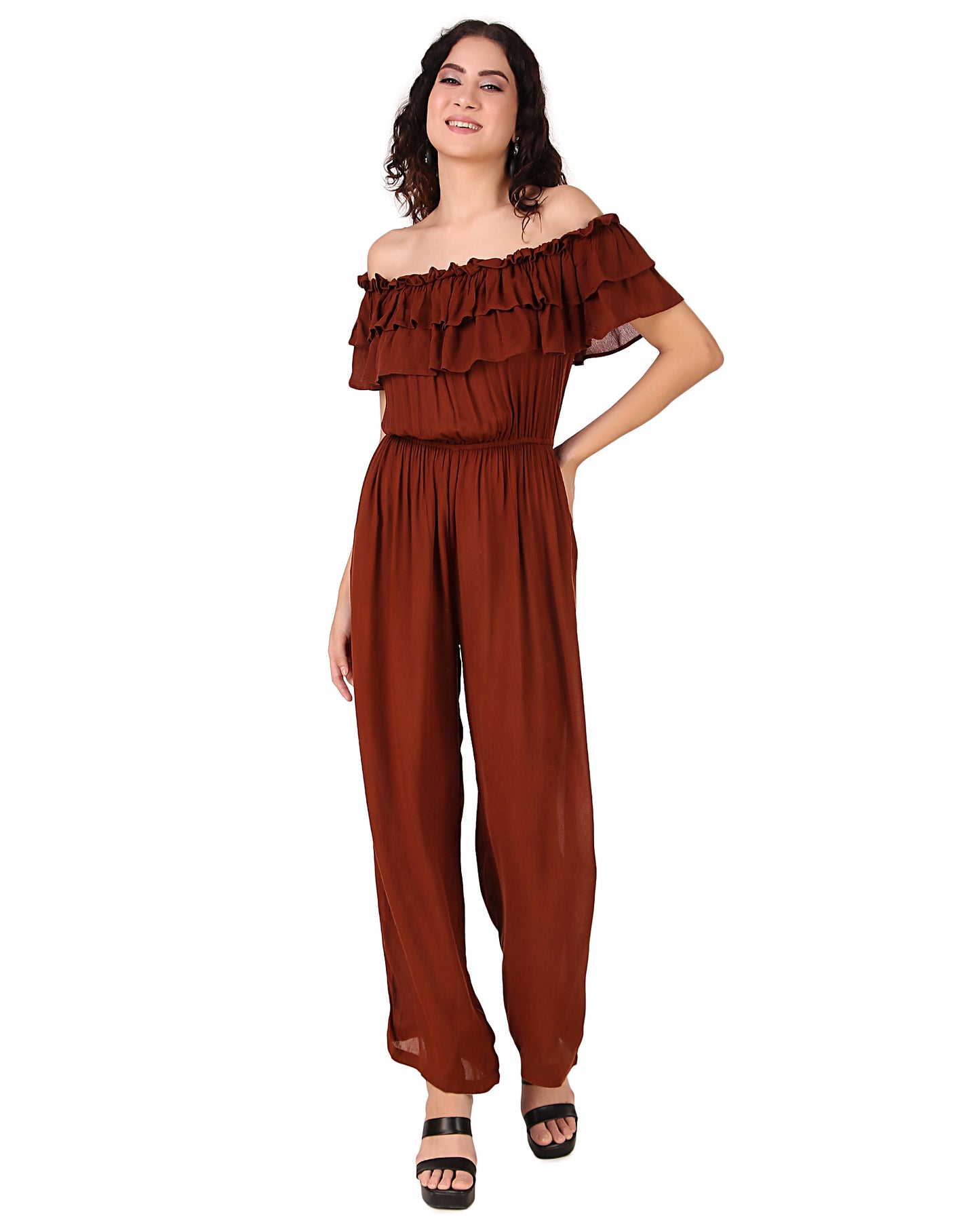BoheeWohee Women's Off-Shoulder Jumpsuit with Double Frills and Pockets-Chocolate