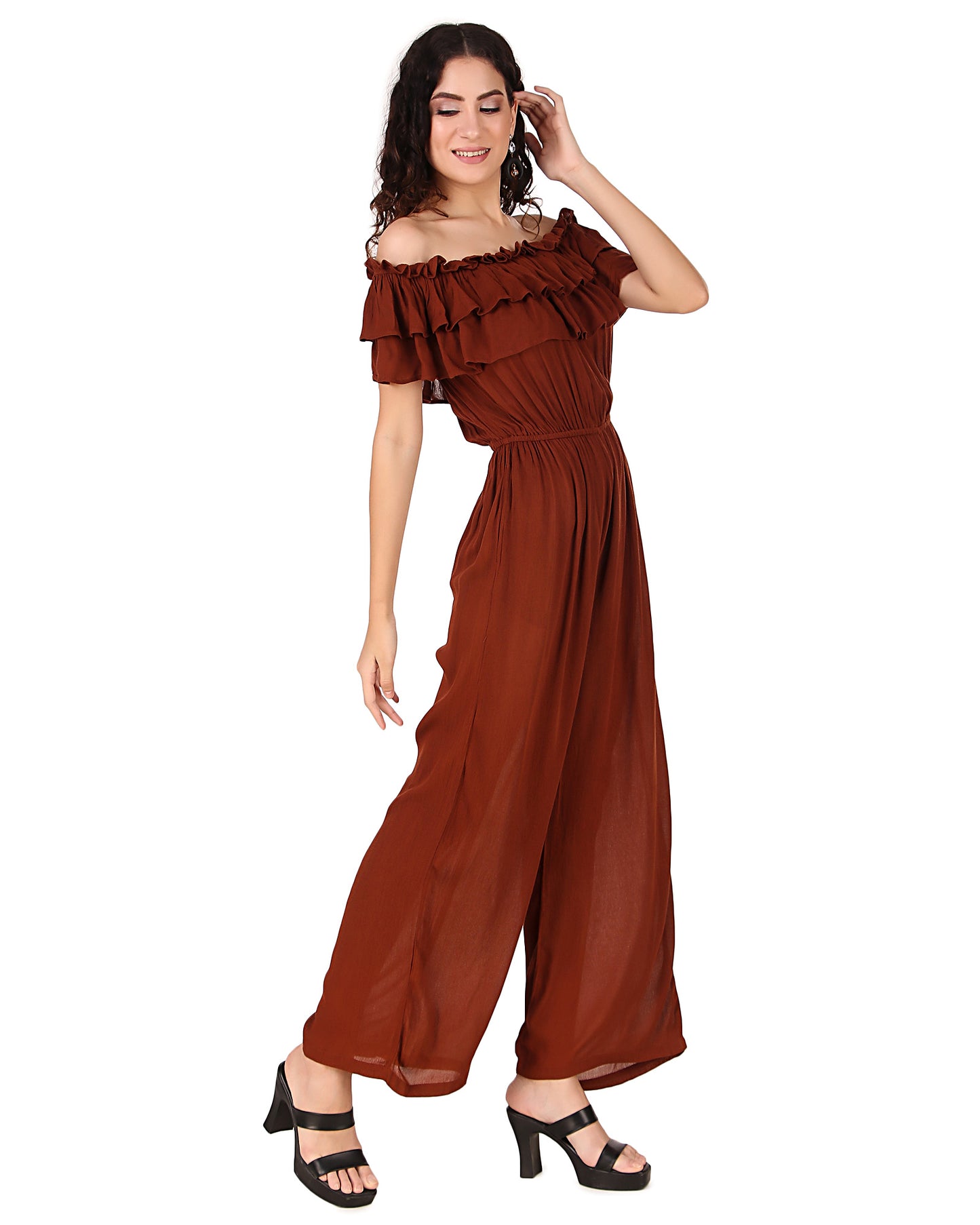 BoheeWohee Women's Off-Shoulder Jumpsuit with Double Frills and Pockets-Chocolate