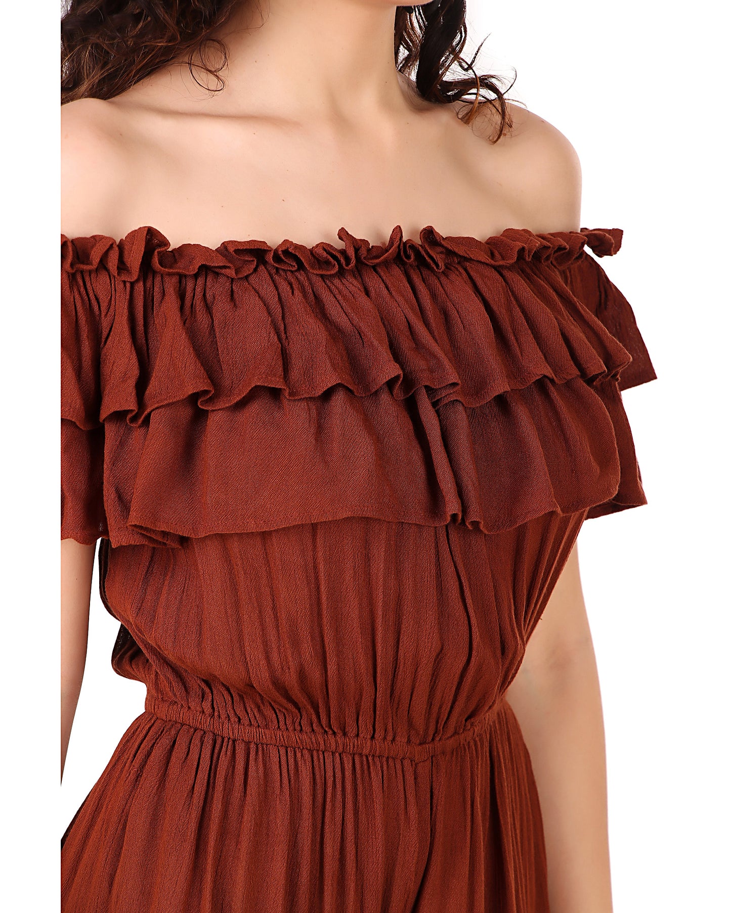 BoheeWohee Women's Off-Shoulder Jumpsuit with Double Frills and Pockets-Chocolate