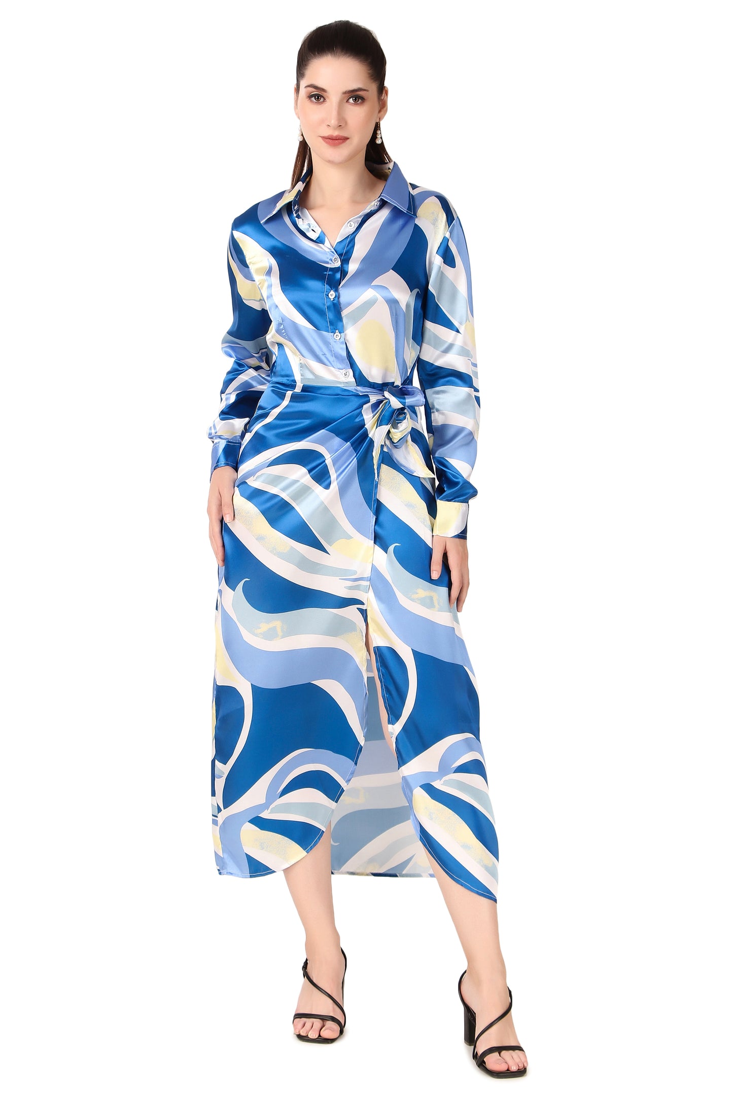 BoheeWohee Soft Satin Shirt Midi Dress- Printed Blue