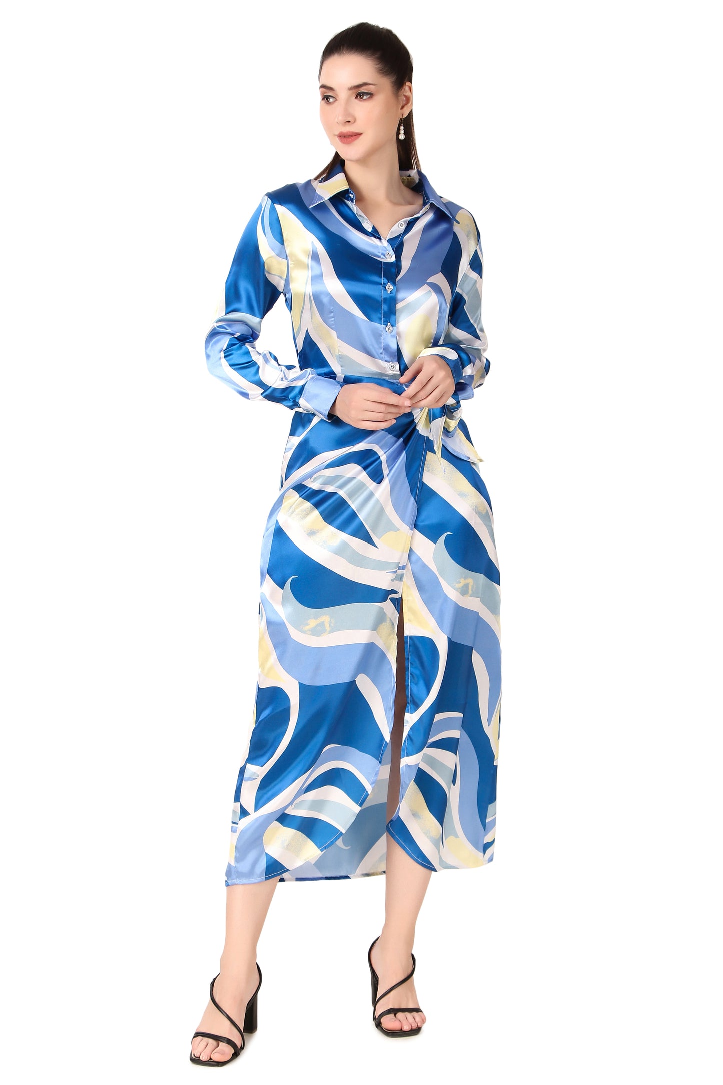 BoheeWohee Soft Satin Shirt Midi Dress- Printed Blue