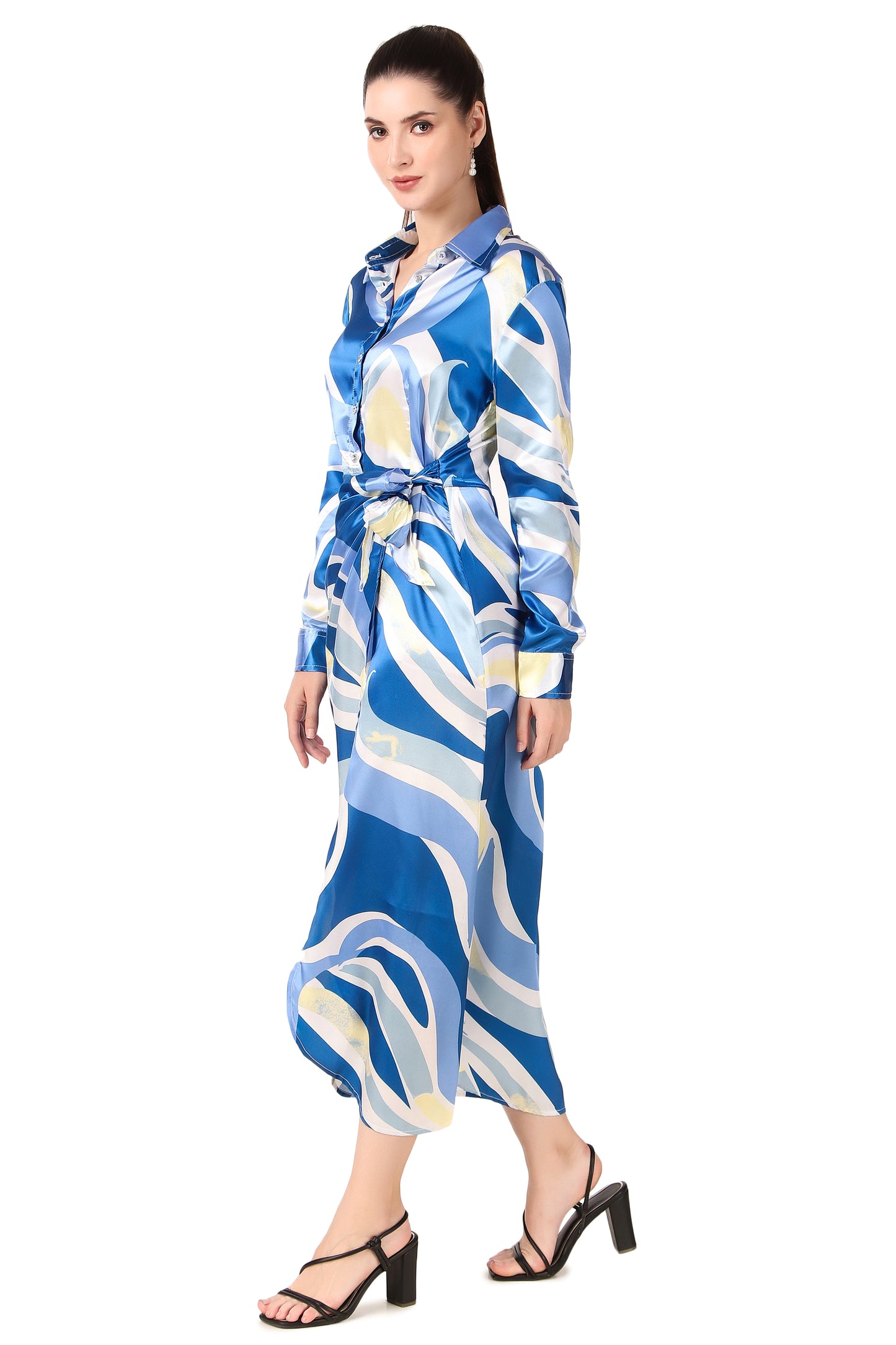 BoheeWohee Soft Satin Shirt Midi Dress- Printed Blue