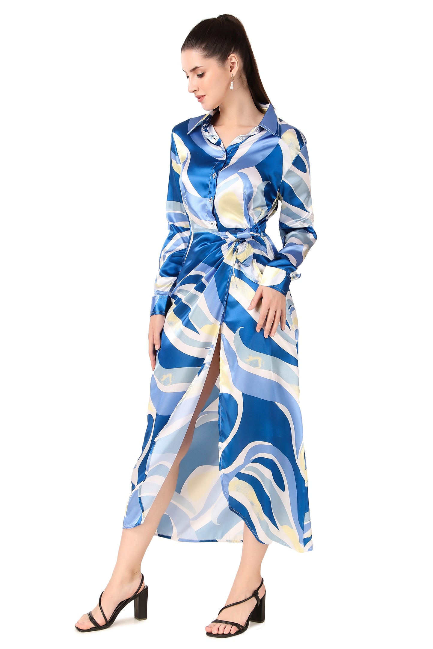 BoheeWohee Soft Satin Shirt Midi Dress- Printed Blue