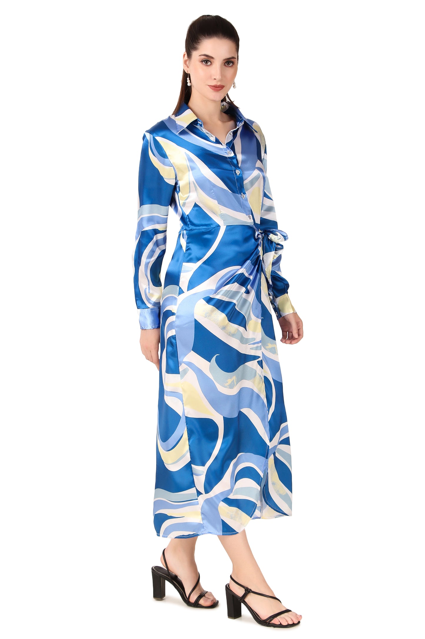 BoheeWohee Soft Satin Shirt Midi Dress- Printed Blue