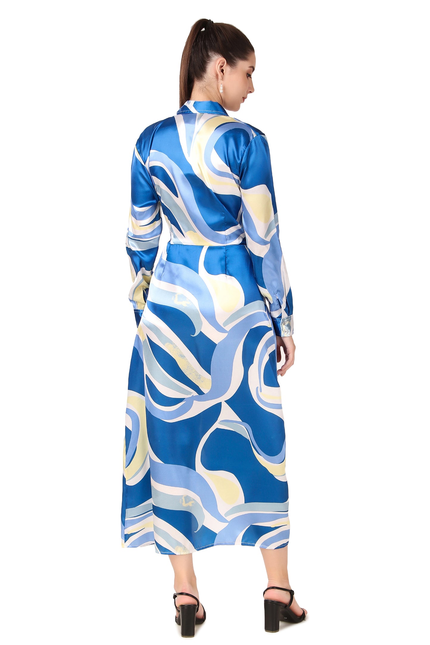 BoheeWohee Soft Satin Shirt Midi Dress- Printed Blue