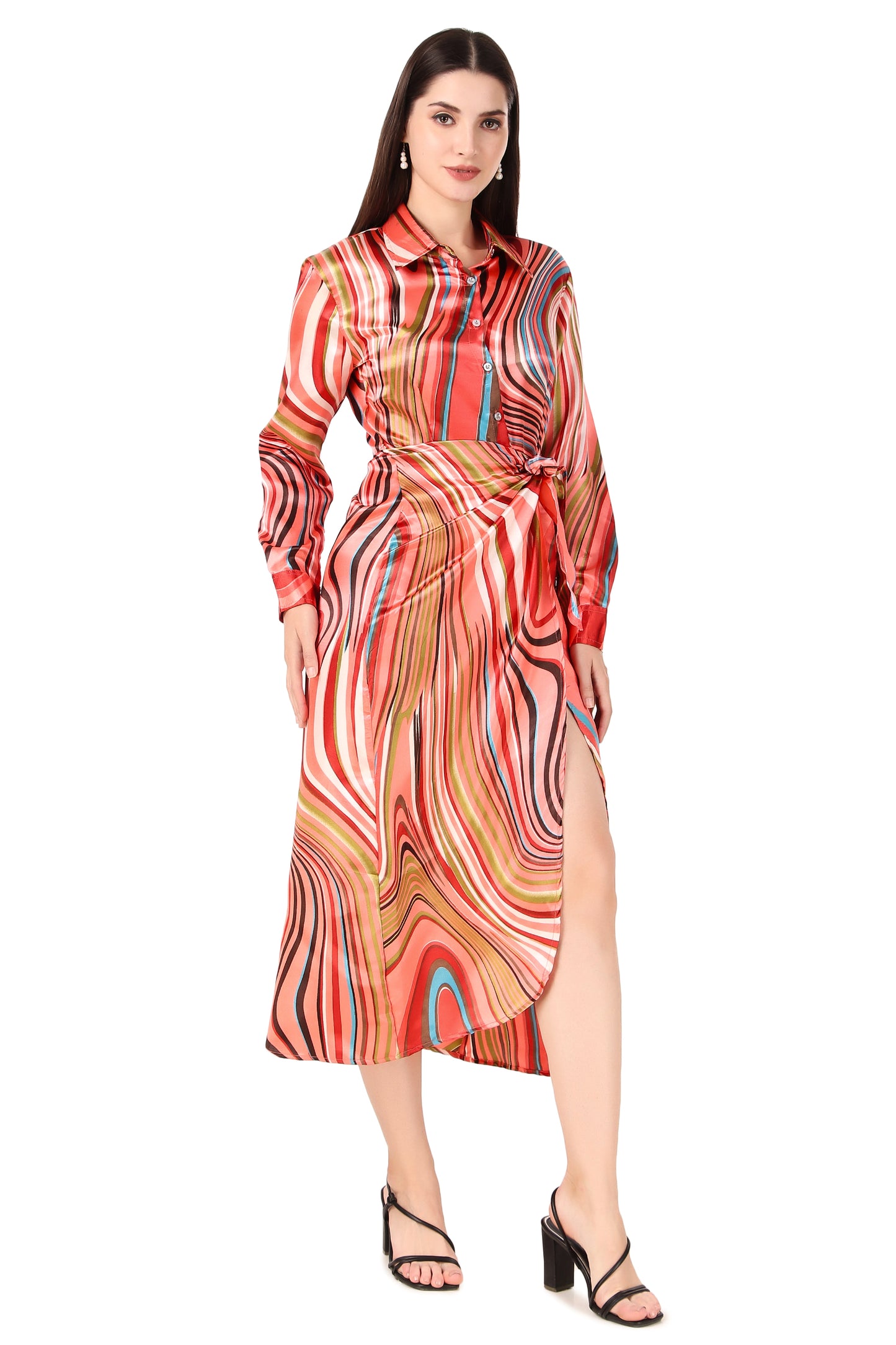 BoheeWohee Soft Satin Shirt Midi Dress - Printed Orange