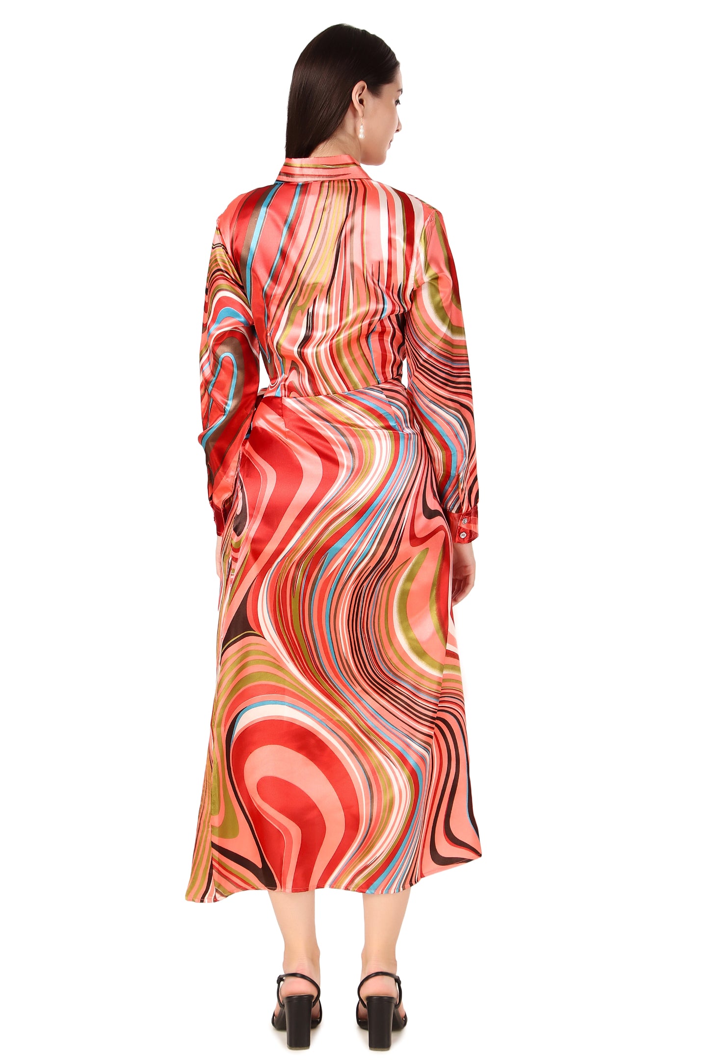 BoheeWohee Soft Satin Shirt Midi Dress - Printed Orange