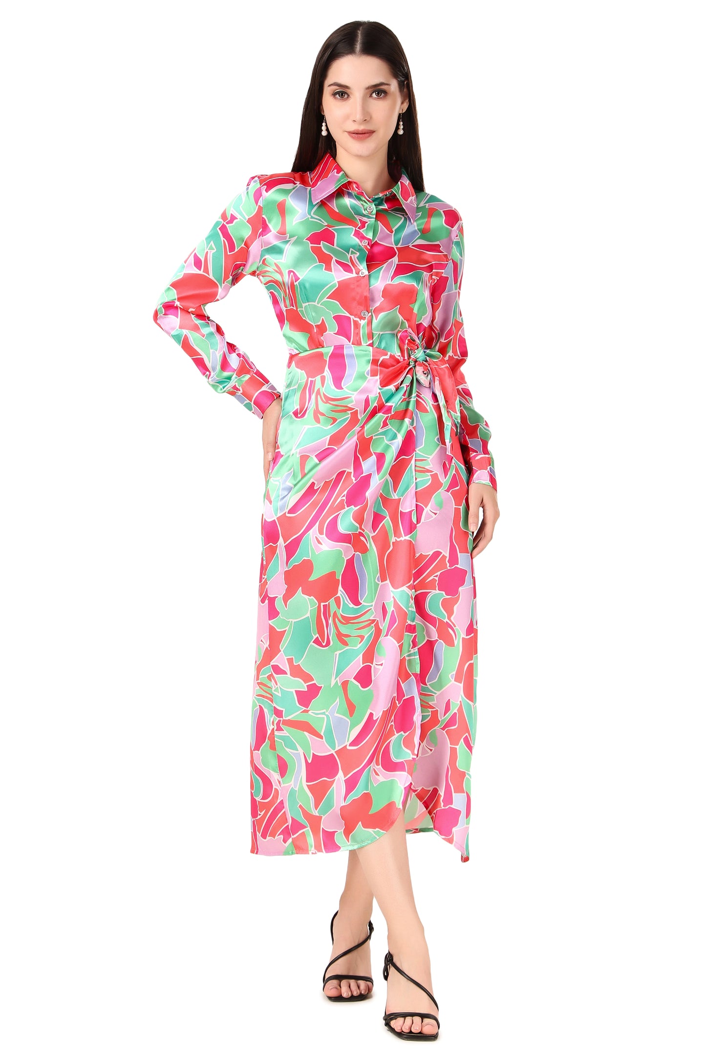BoheeWohee Soft Satin Shirt Midi Dress- Printed Pink
