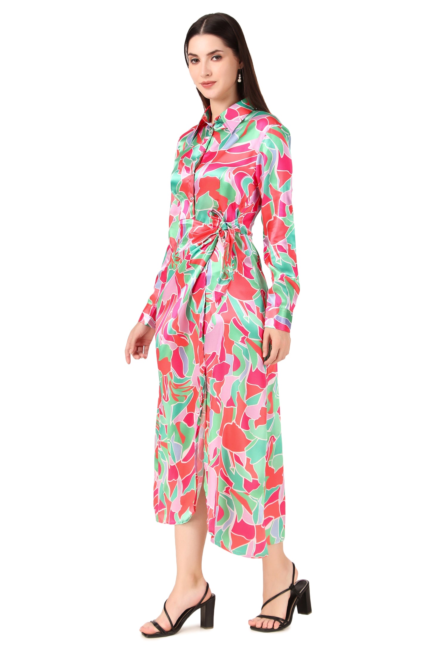 BoheeWohee Soft Satin Shirt Midi Dress- Printed Pink