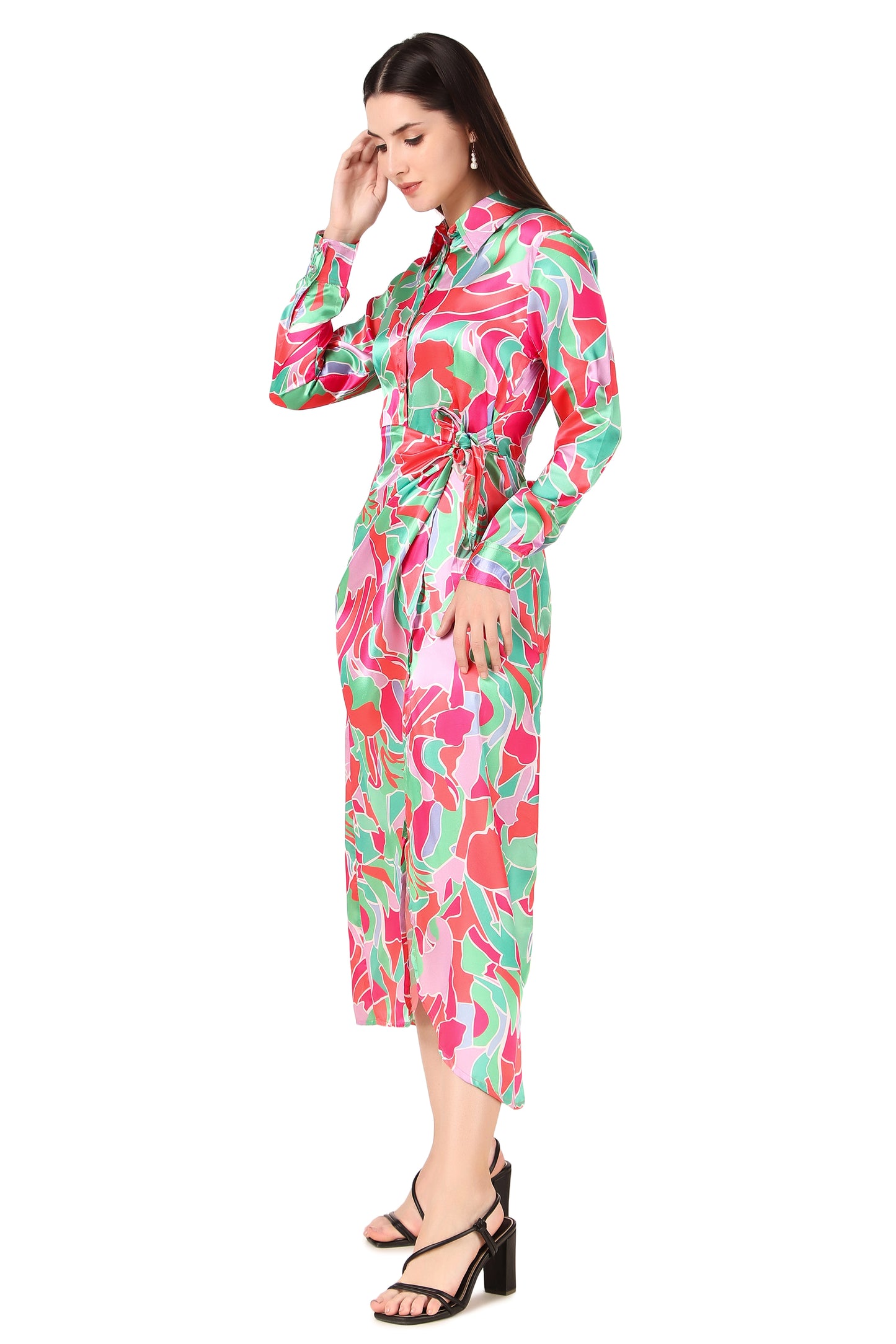 BoheeWohee Soft Satin Shirt Midi Dress- Printed Pink