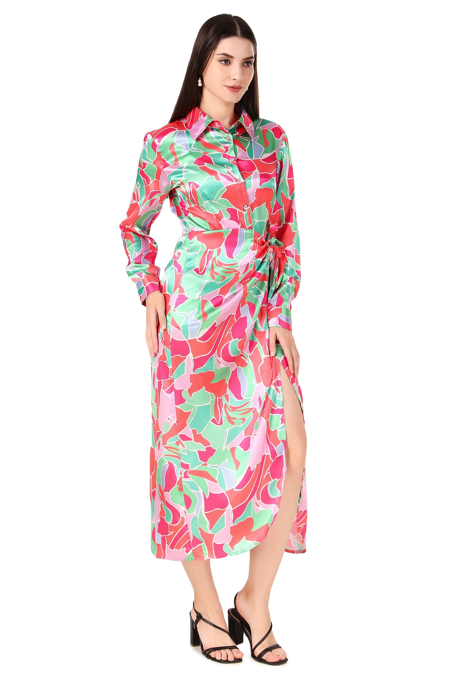 BoheeWohee Soft Satin Shirt Midi Dress- Printed Pink