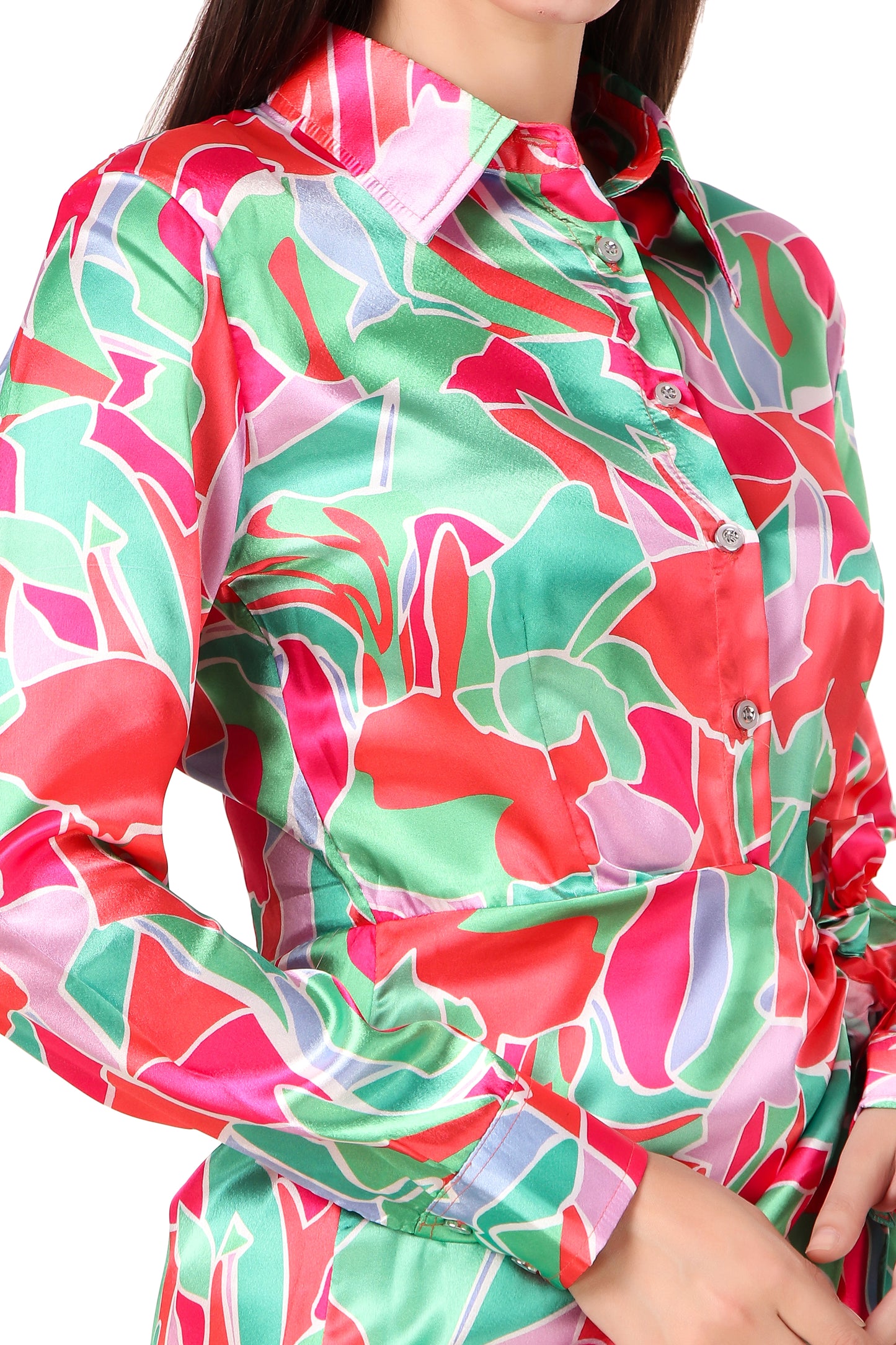 BoheeWohee Soft Satin Shirt Midi Dress- Printed Pink