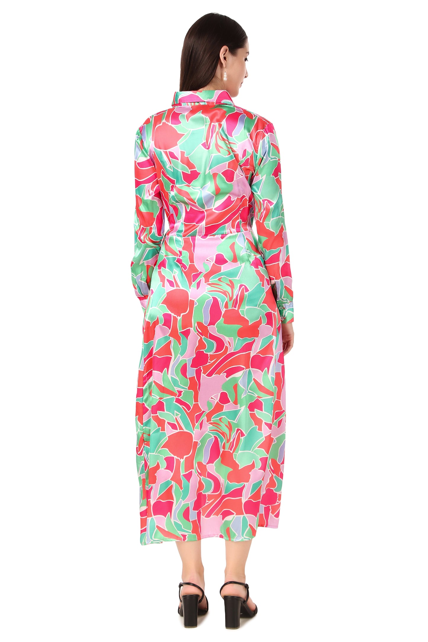 BoheeWohee Soft Satin Shirt Midi Dress- Printed Pink