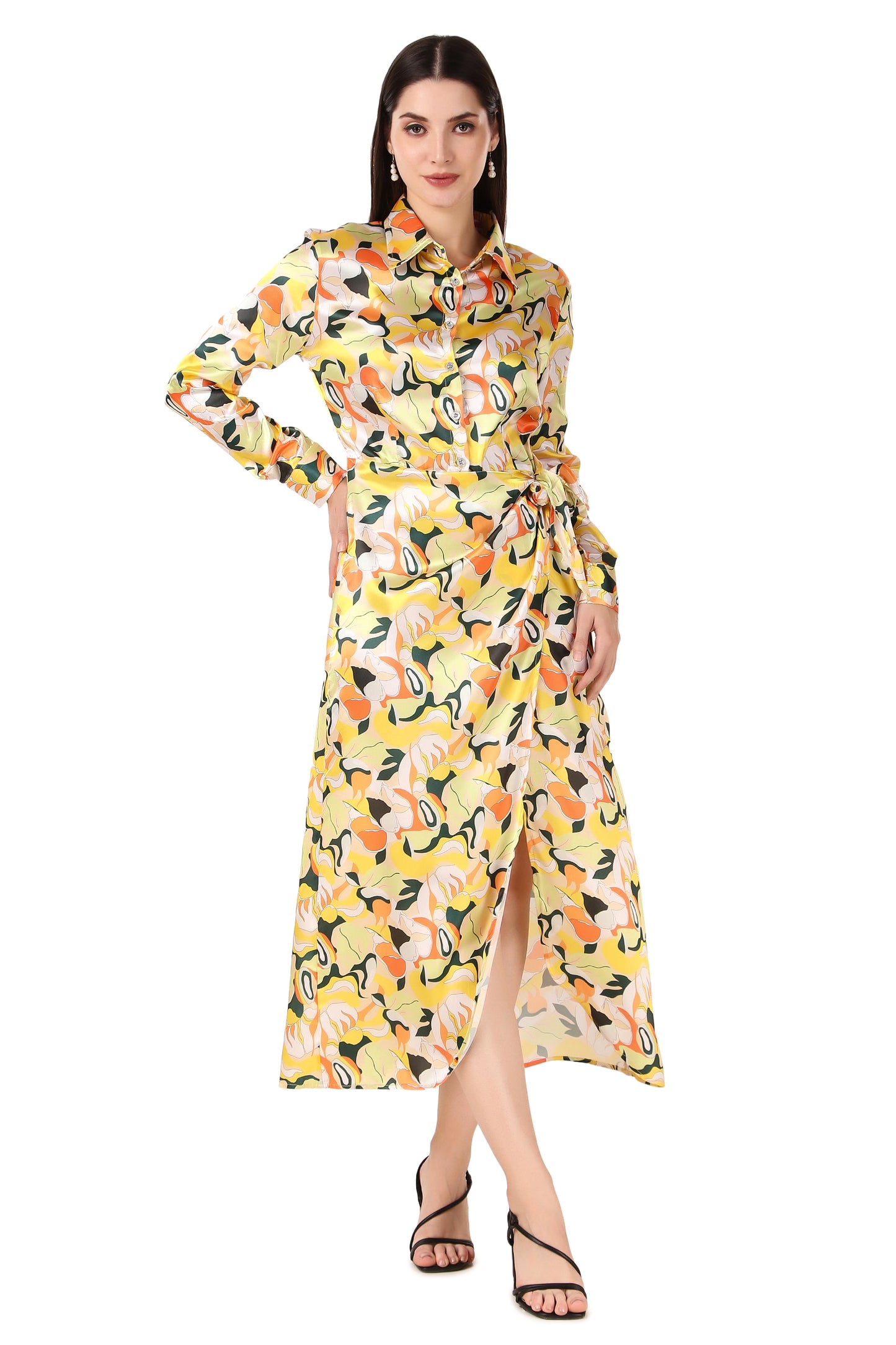 BoheeWohee Soft Satin Shirt Midi Dress - Printed Yellow