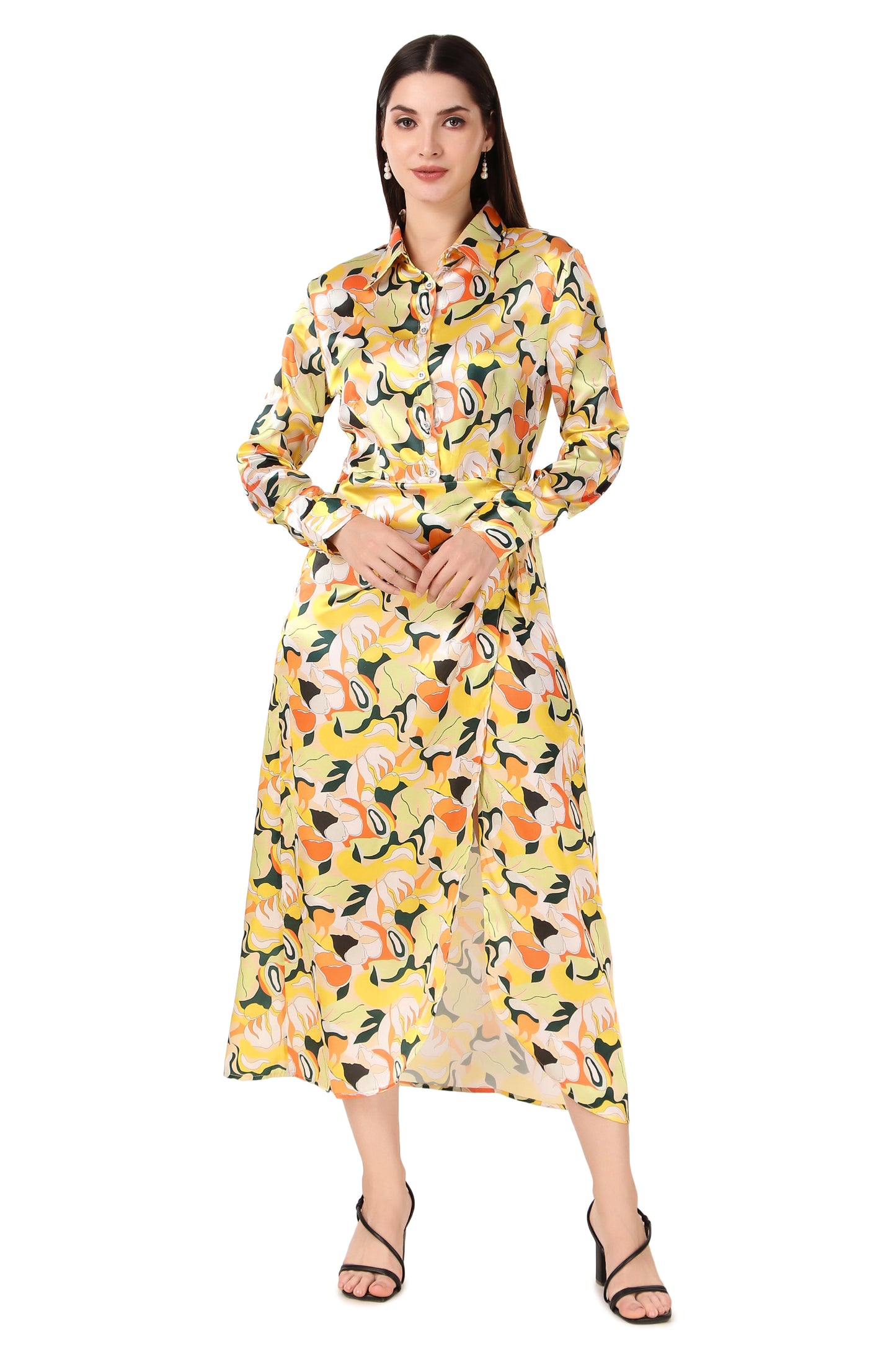 BoheeWohee Soft Satin Shirt Midi Dress - Printed Yellow