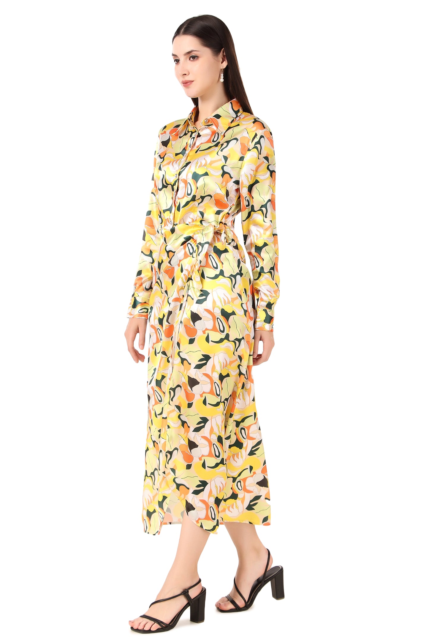 BoheeWohee Soft Satin Shirt Midi Dress - Printed Yellow